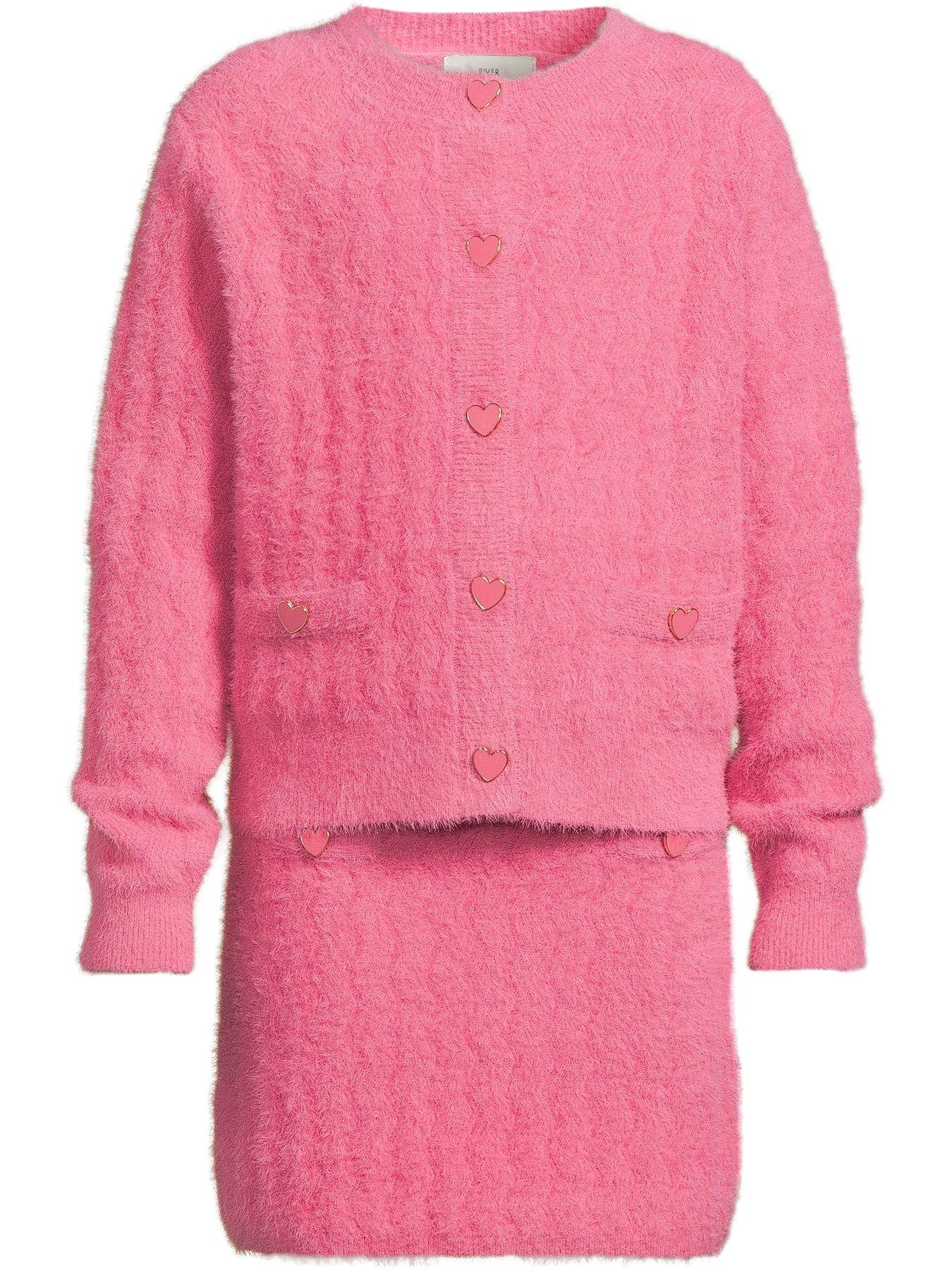 river-island-older-girl-fluffy-cardigan-and-skirt-set-pinkdetail