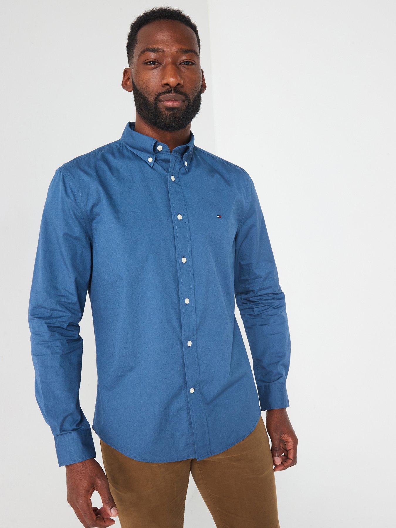 tommy-hilfiger-regular-fit-flex-poplin-solid-flag-logo-shirt-blue