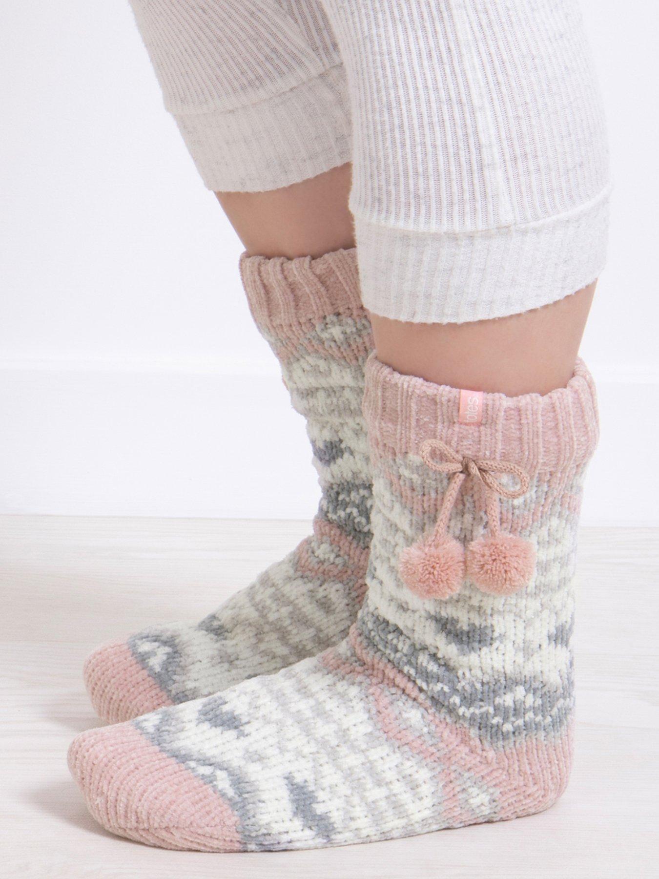 totes-totes-fairisle-chenille-slipper-socks-pinkstillFront