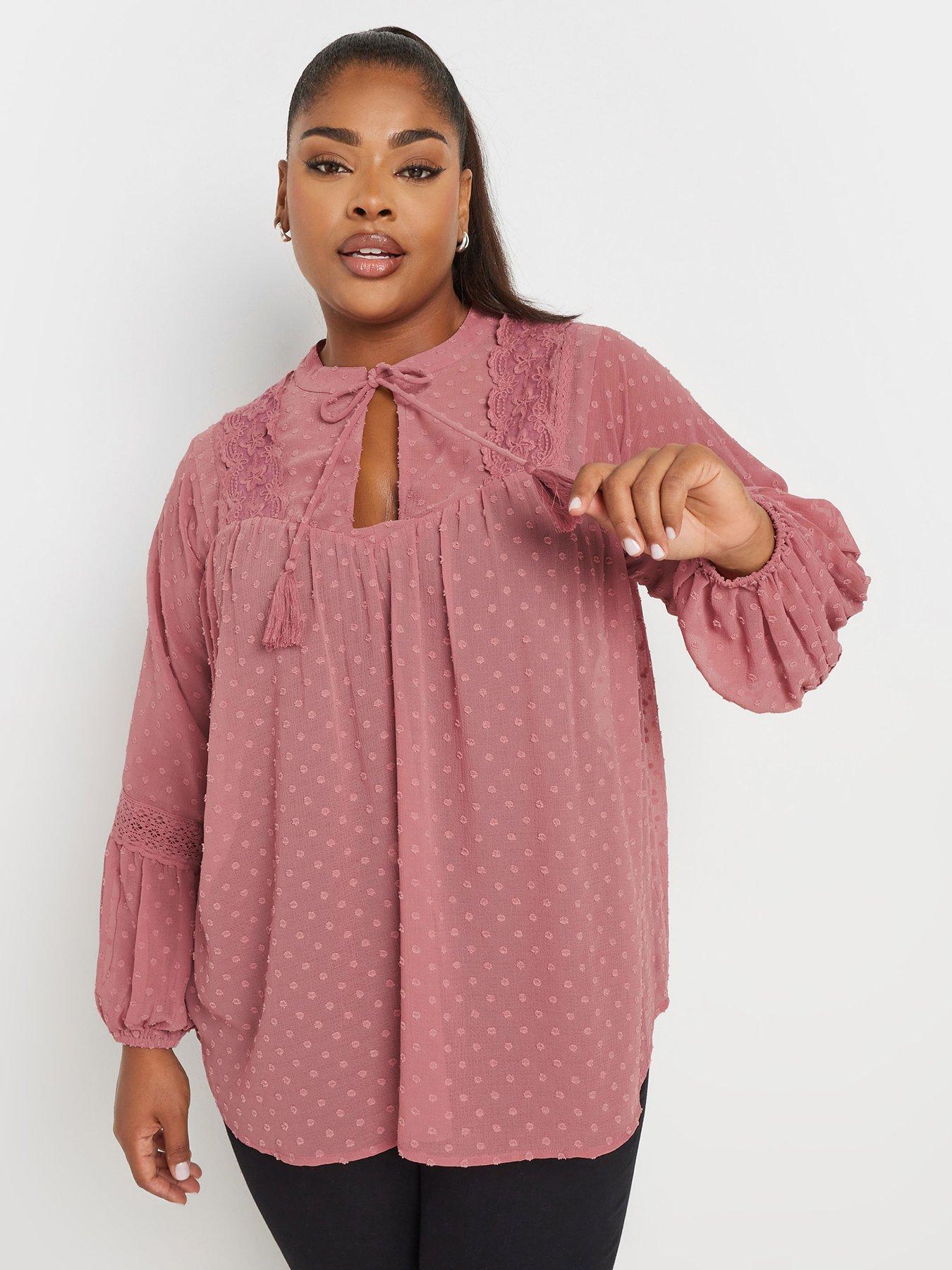 Image of Yours Curve Dobby Slub Lace Blouse - Pink