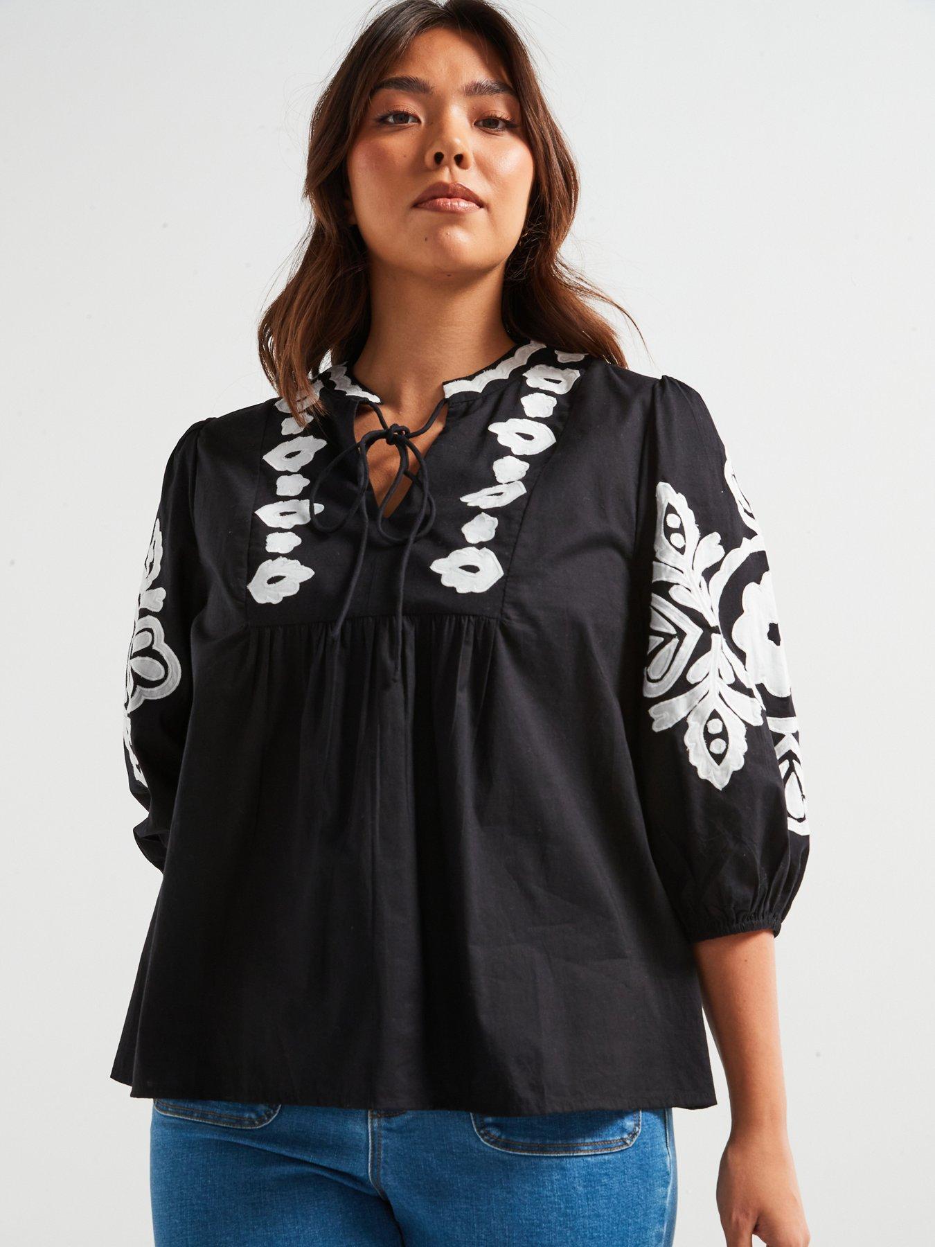 Image 1 of 6 of V by Very Curve Mono Applique Blouse - Black/White