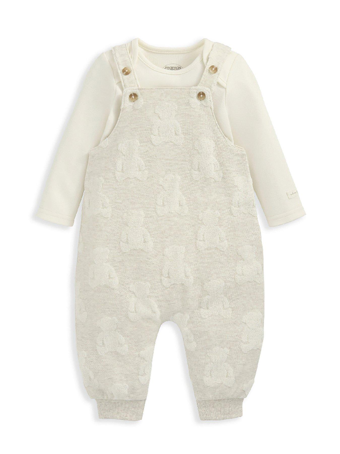 Image 2 of 6 of Mamas & Papas Baby Unisex Teddy Bear Textured Dungaree &amp; Bodysuit Set - Beige