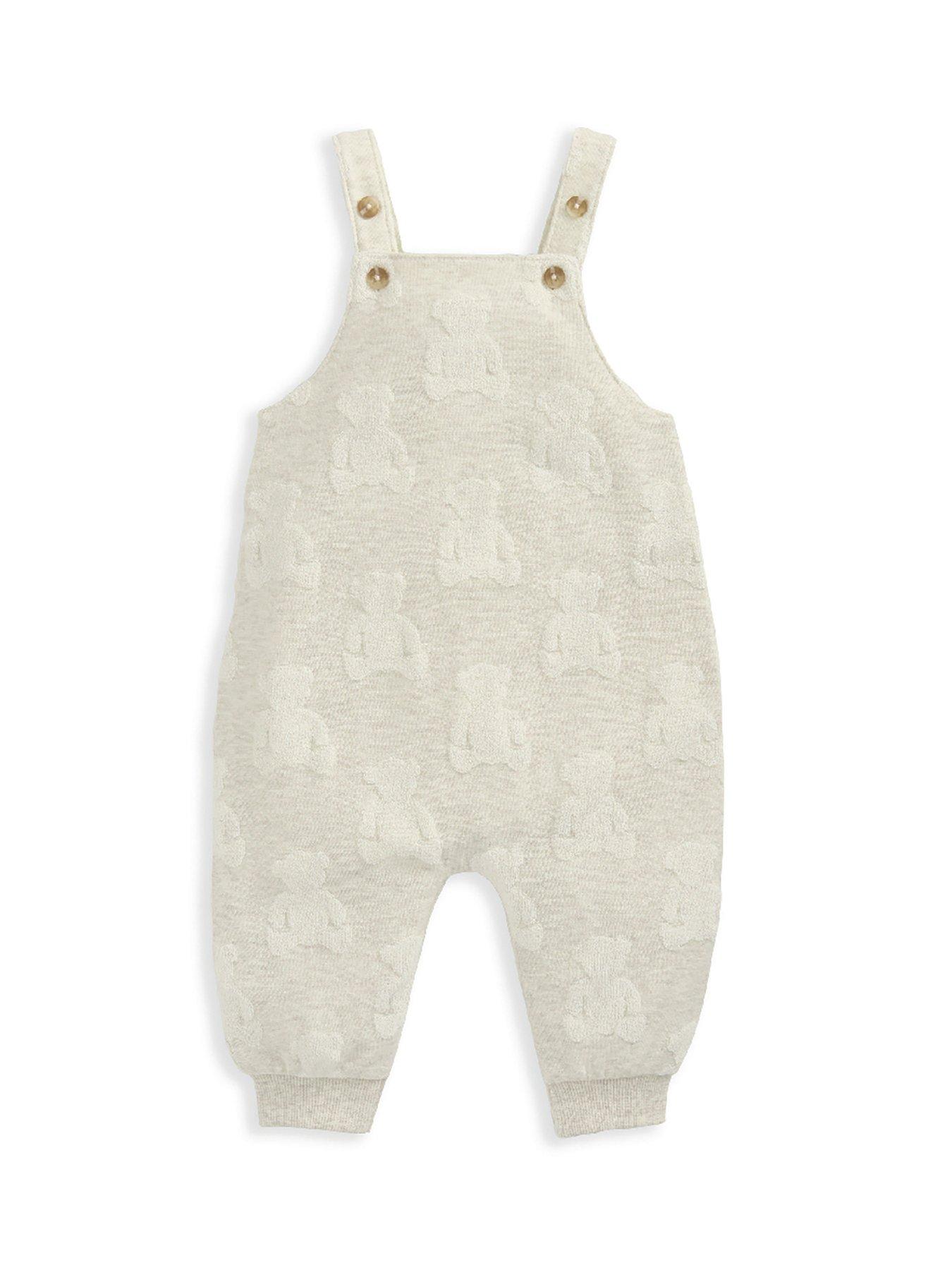 Image 3 of 6 of Mamas & Papas Baby Unisex Teddy Bear Textured Dungaree &amp; Bodysuit Set - Beige