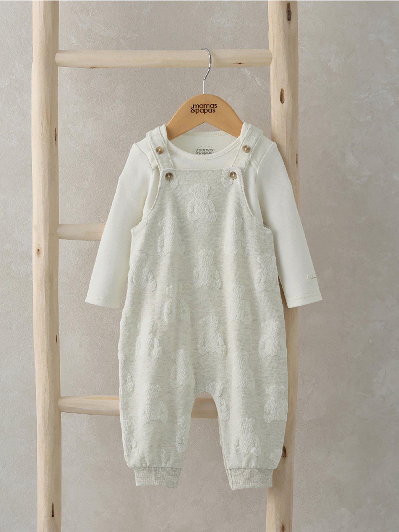 Image 6 of 6 of Mamas & Papas Baby Unisex Teddy Bear Textured Dungaree &amp; Bodysuit Set - Beige