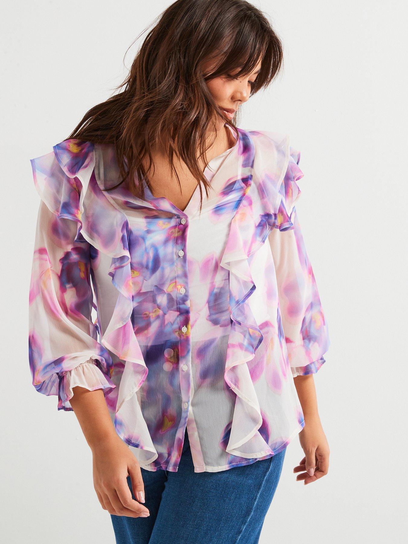 Image 1 of 6 of V by Very Curve Ruffled Blouse - Floral Print