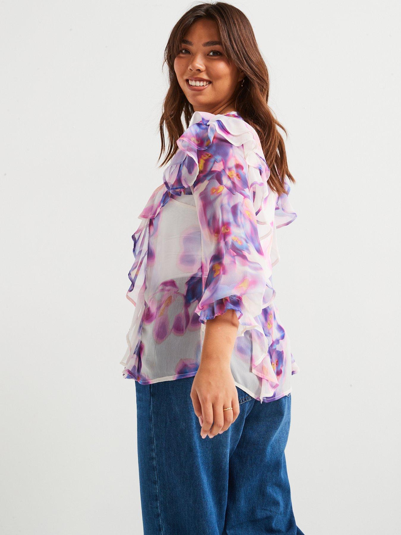 Image 2 of 6 of V by Very Curve Ruffled Blouse - Floral Print