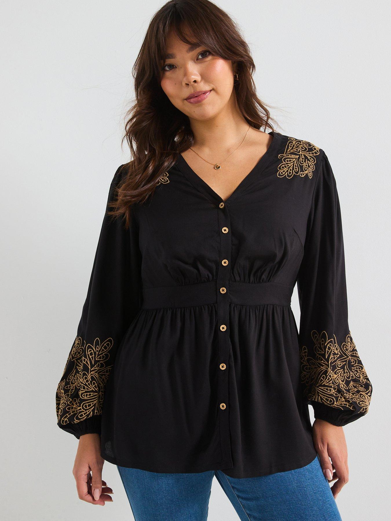 v-by-very-curve-contrast-embroidered-button-through-shirt-black