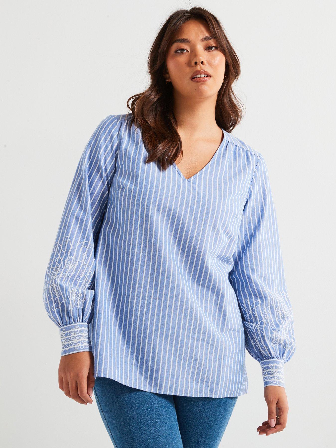 Image 1 of 6 of V by Very Curve Embroidered Stripe Blouse - Light Blue