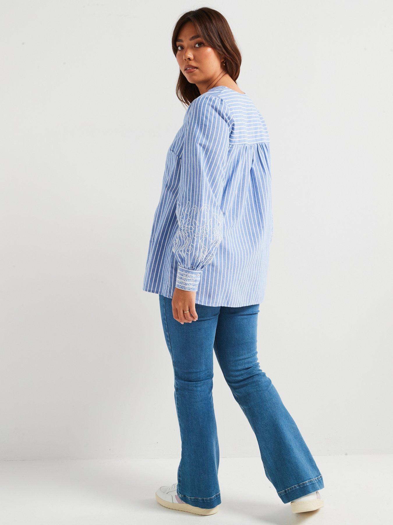 Image 2 of 6 of V by Very Curve Embroidered Stripe Blouse - Light Blue
