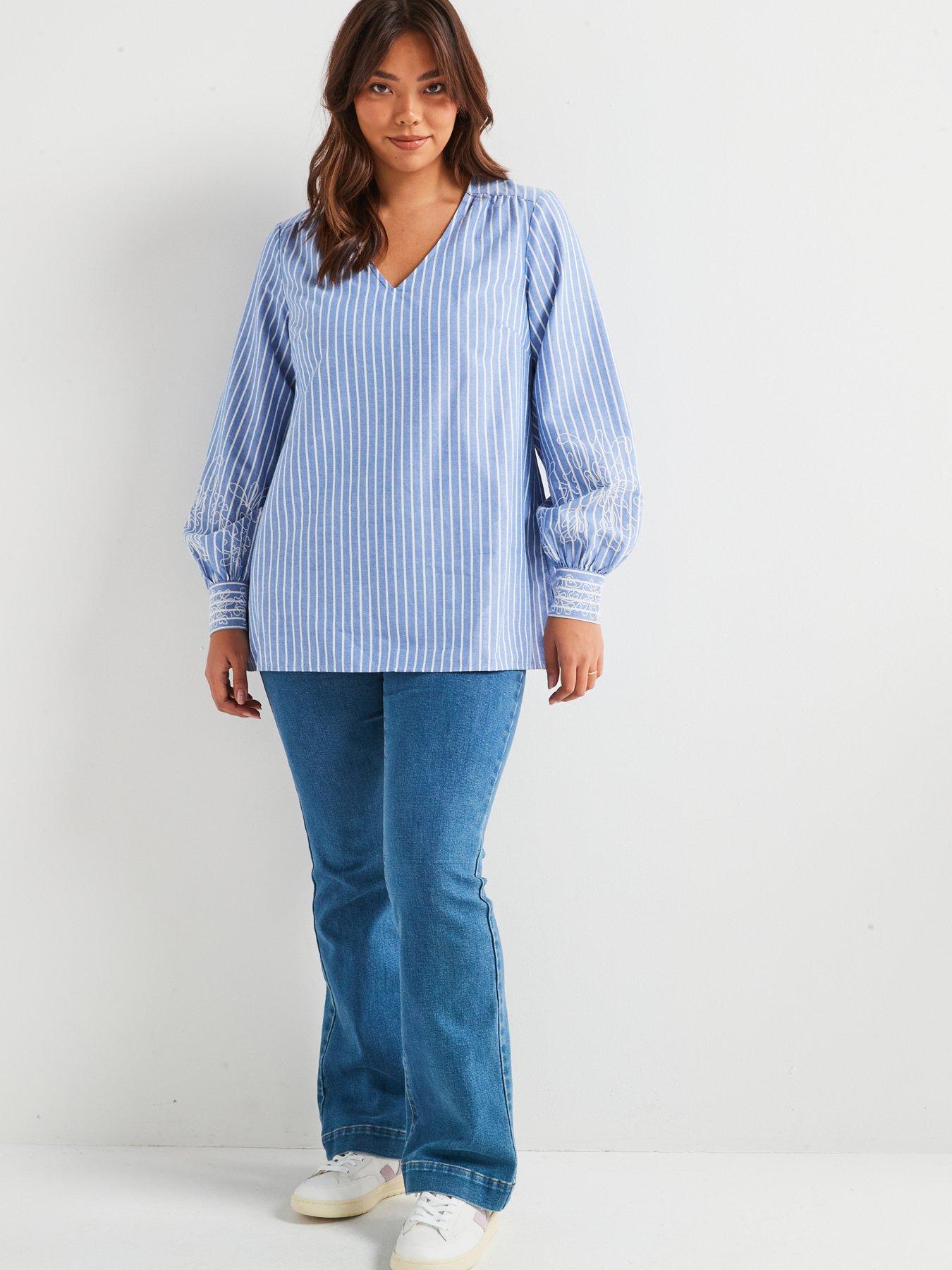 Image 3 of 6 of V by Very Curve Embroidered Stripe Blouse - Light Blue
