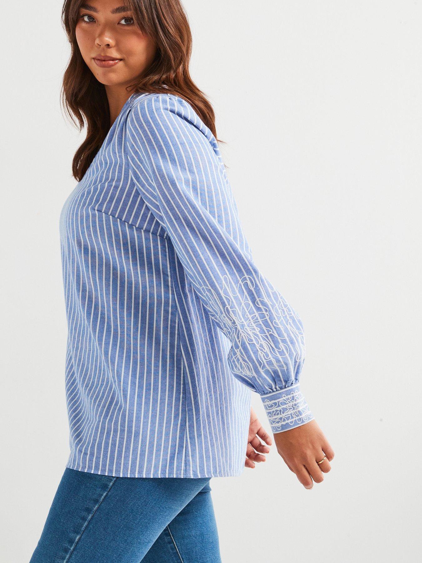 Image 5 of 6 of V by Very Curve Embroidered Stripe Blouse - Light Blue