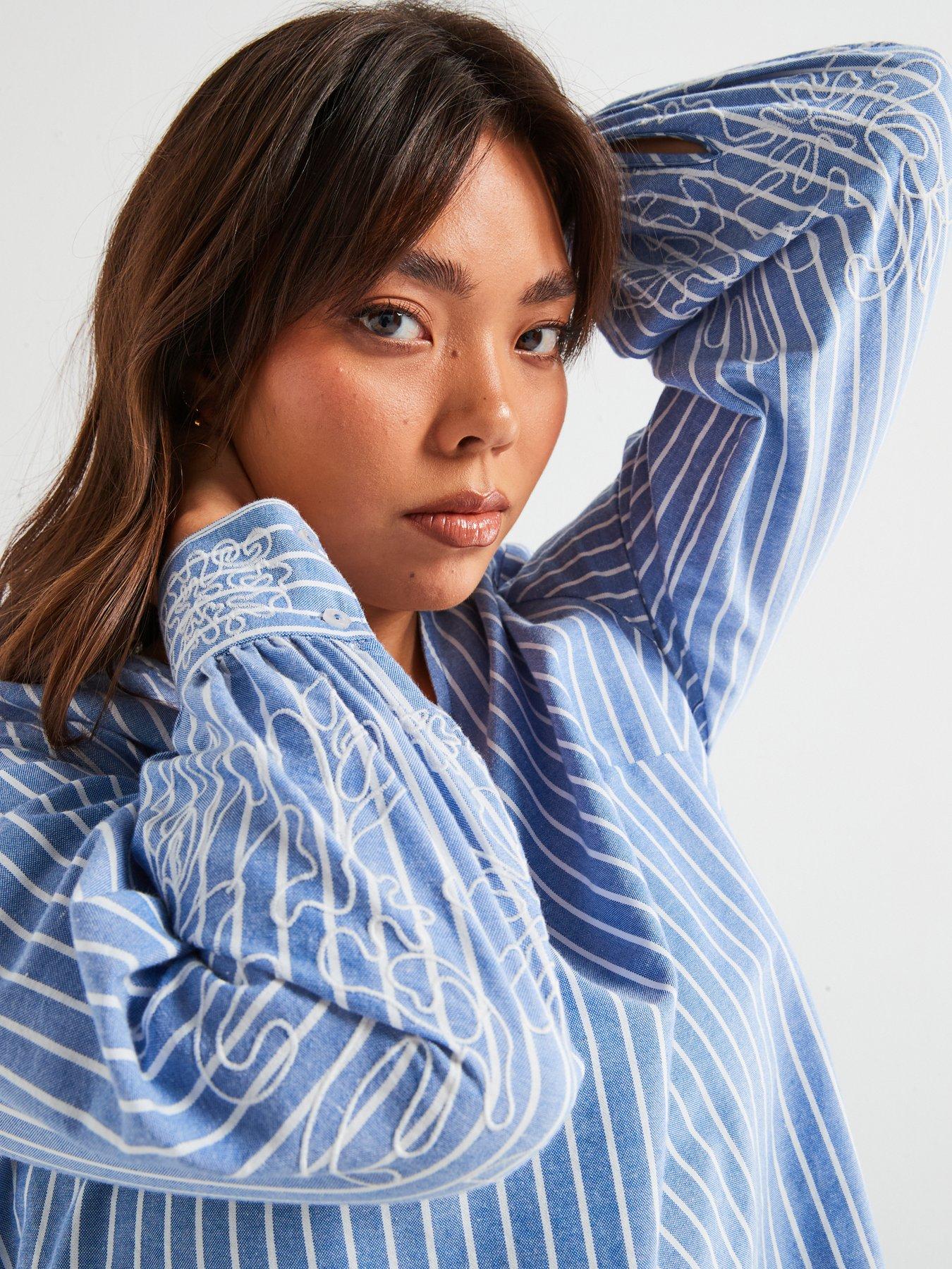 Image 6 of 6 of V by Very Curve Embroidered Stripe Blouse - Light Blue
