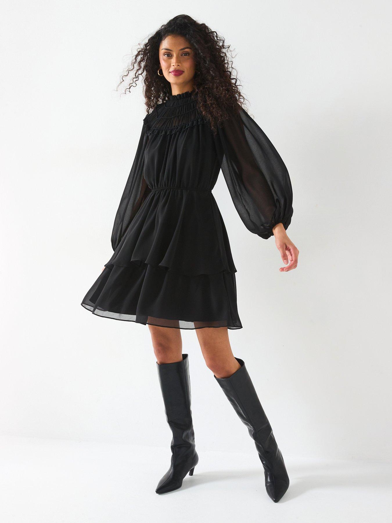 v-by-very-sheered-ruffle-mini-skater-dress-blackfront