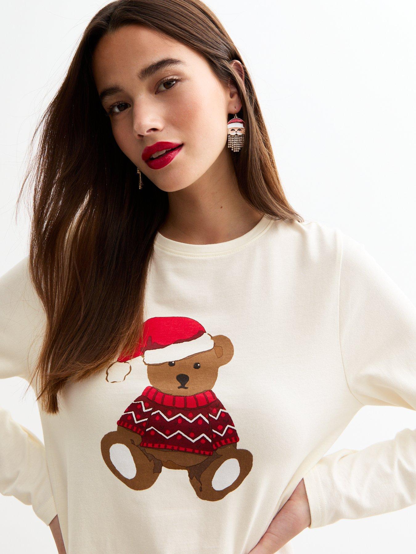 new-look-white-cotton-teddy-bear-print-christmas-pyjama-setoutfit