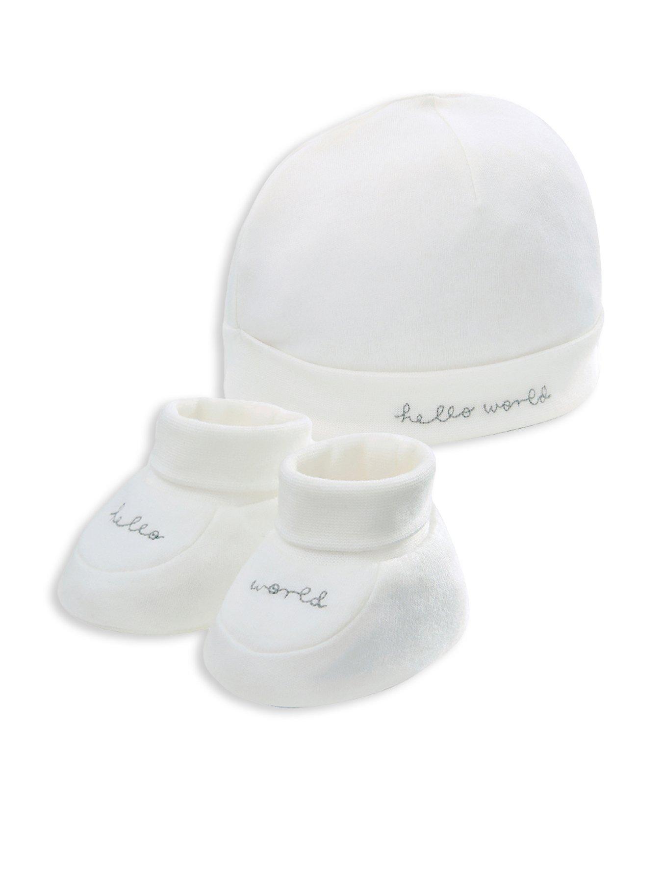Image 1 of 4 of Mamas & Papas Baby Unisex Hello World Hat &amp; Booties - White