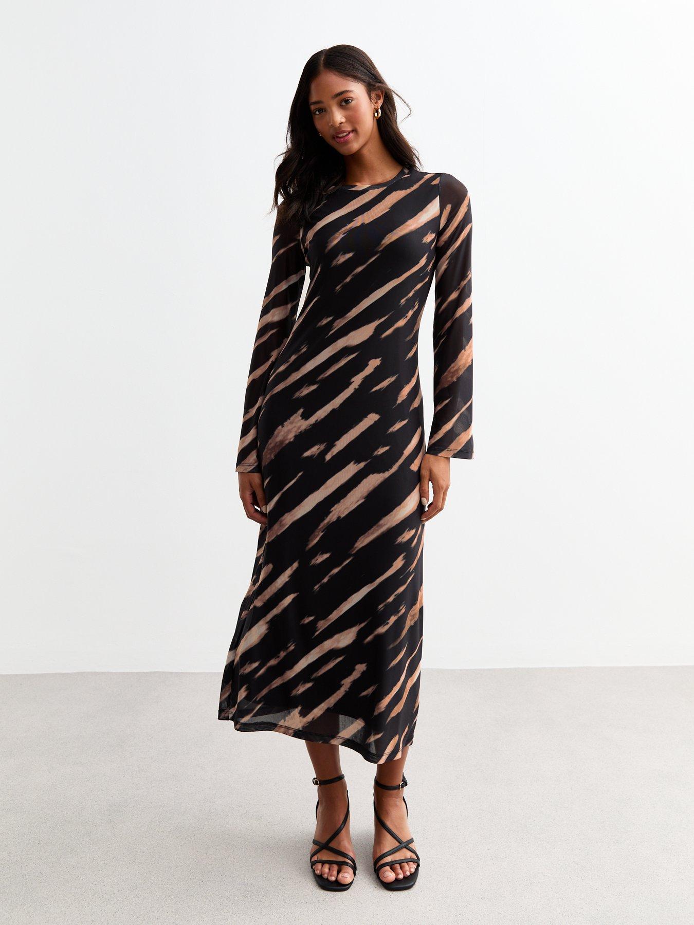 new-look-printed-mesh-long-sleeve-midi-dress-black