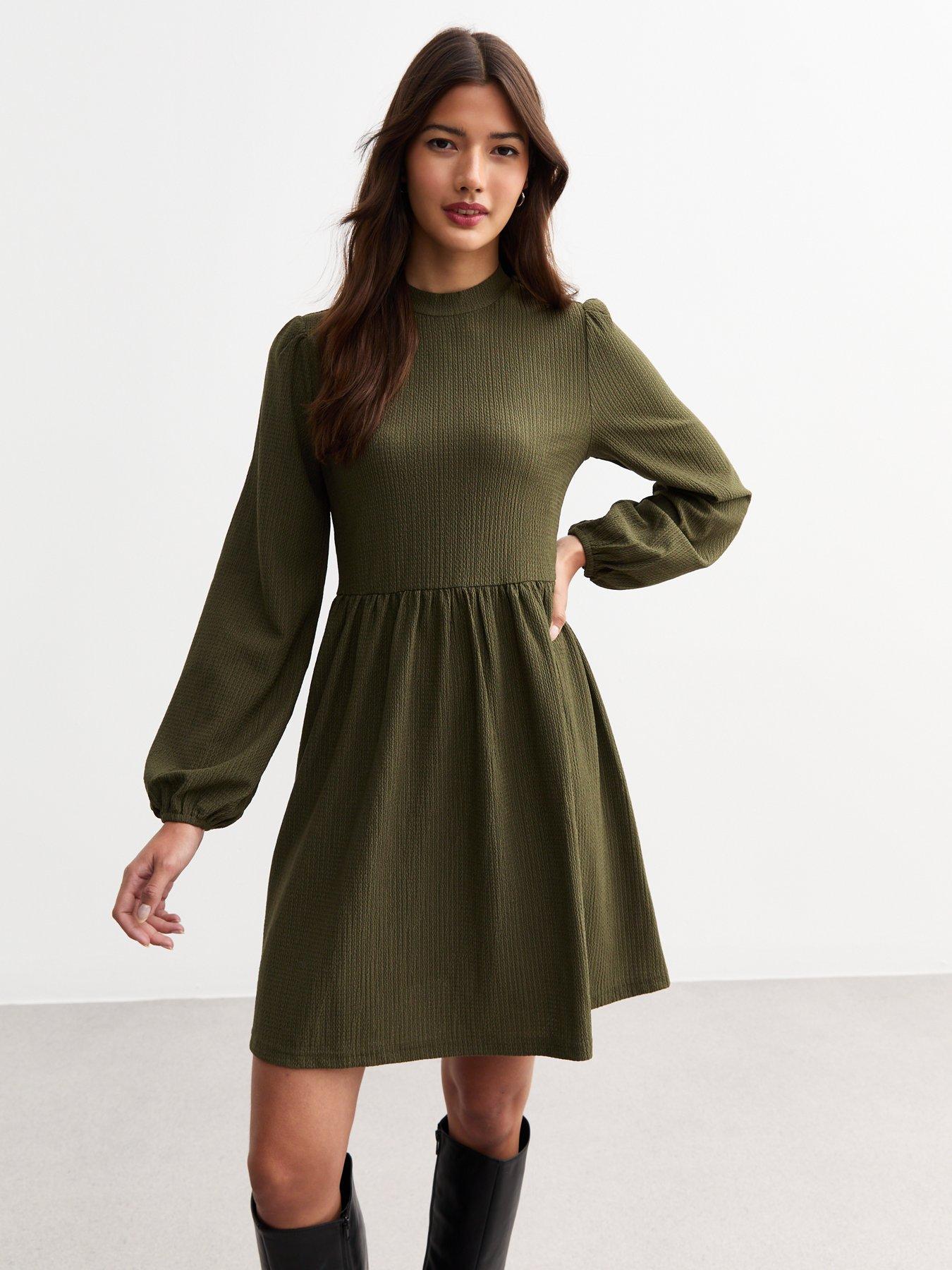 new-look-funnel-neck-crinkled-mini-dress-khaki