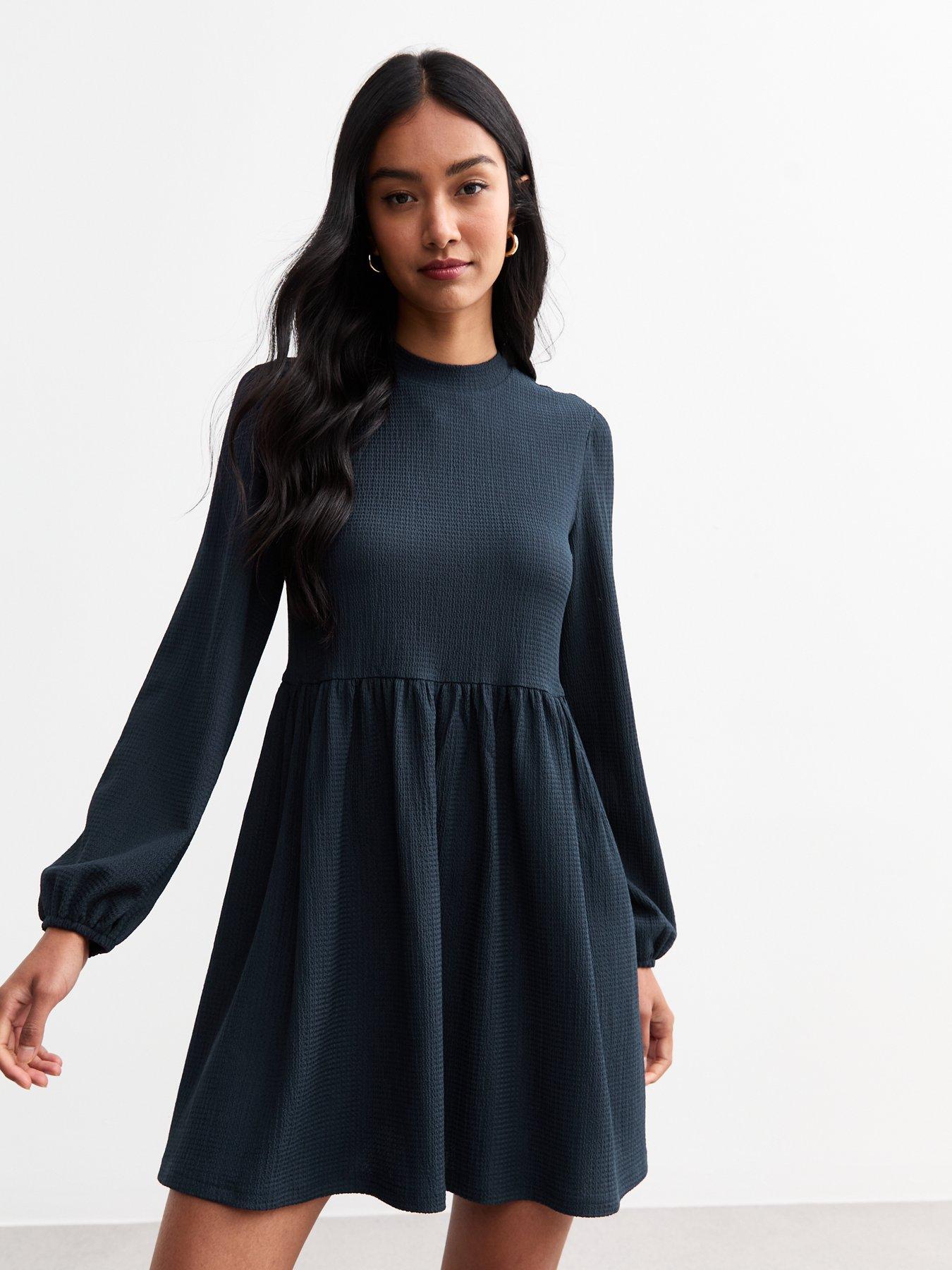 new-look-funnel-neck-crinkled-mini-dress-navy