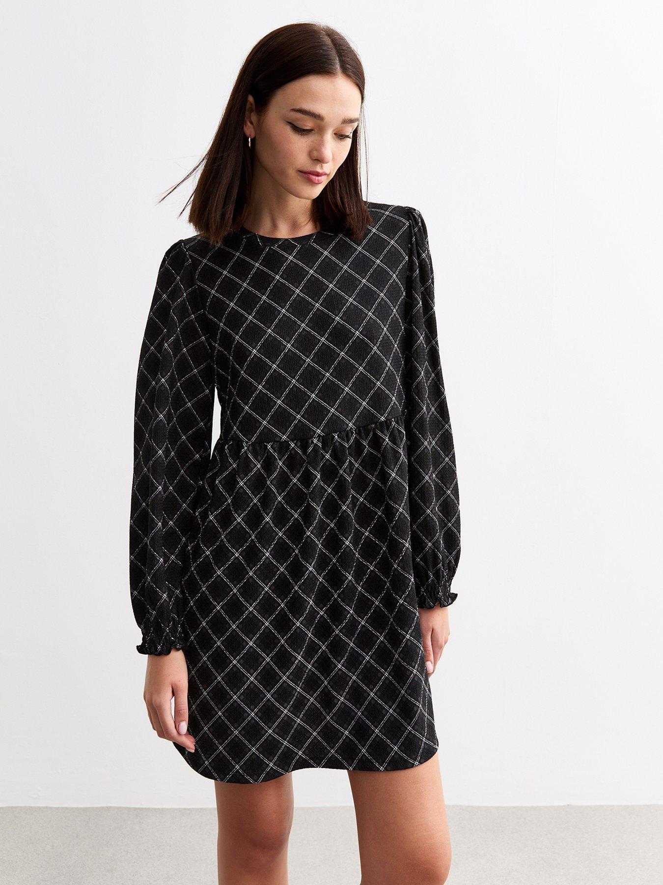 new-look-check-print-smock-mini-dress-black