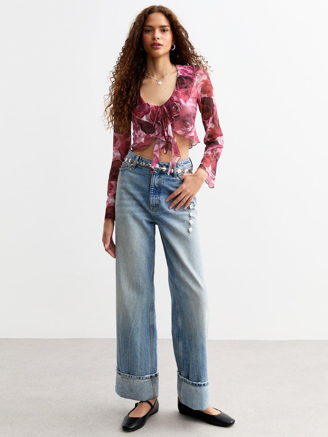 new-look-tie-front-floral-print-ruffled-crop-top-pinkback