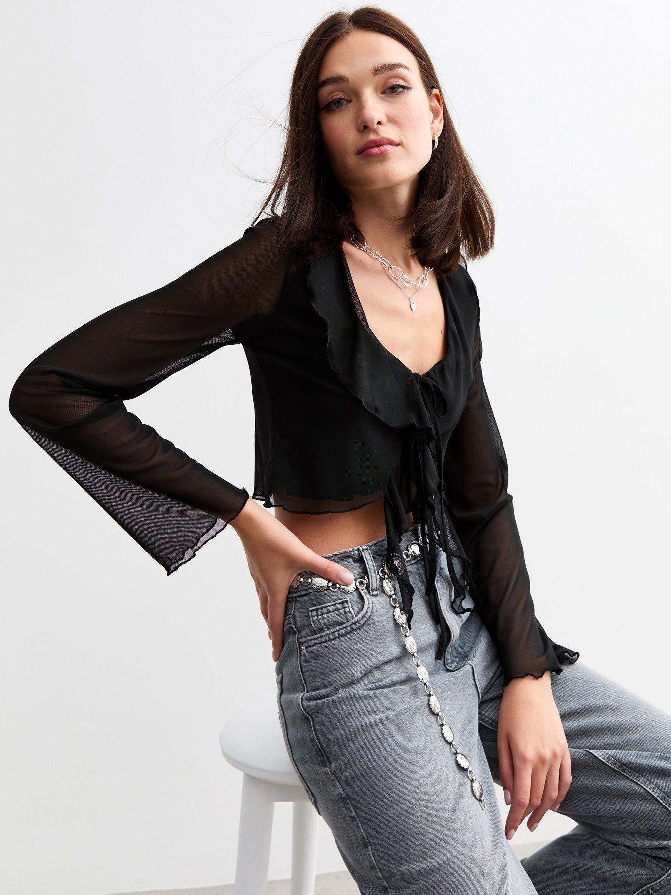 new-look-ruffle-trim-tie-front-top-black