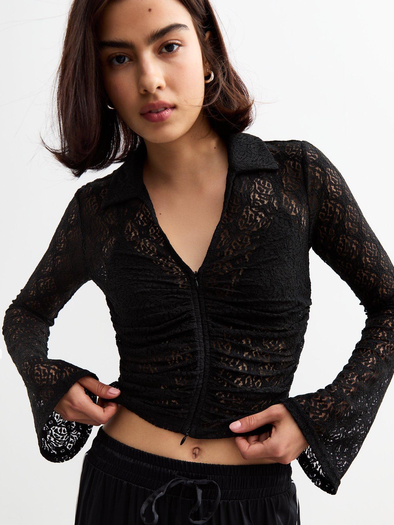 new-look-ruched-lace-zip-through-shirt-black