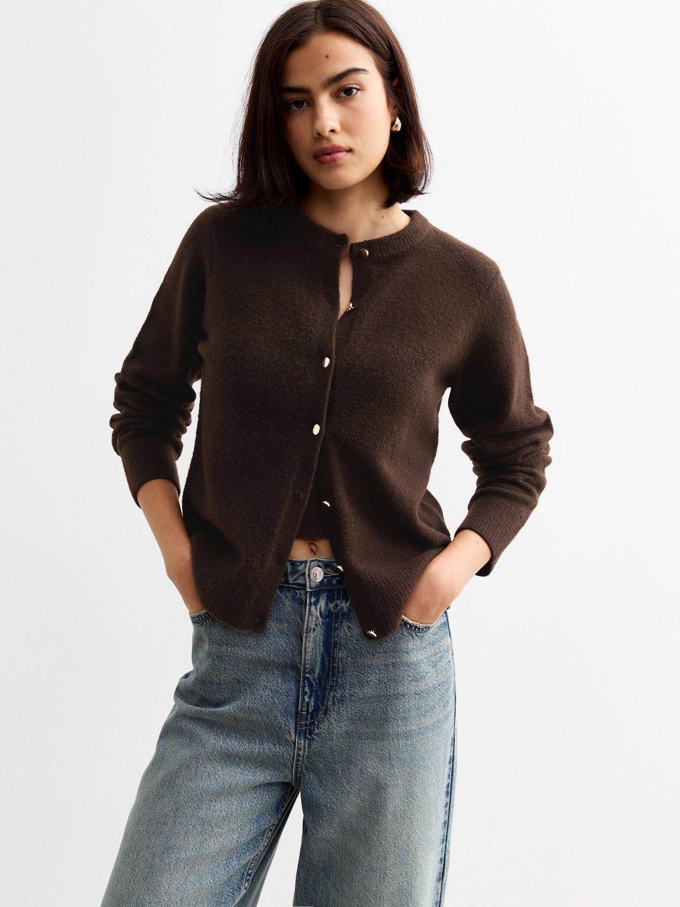 new-look-ribbed-hem-and-cuffs-crew-neck-cardigan-dark-brownfront