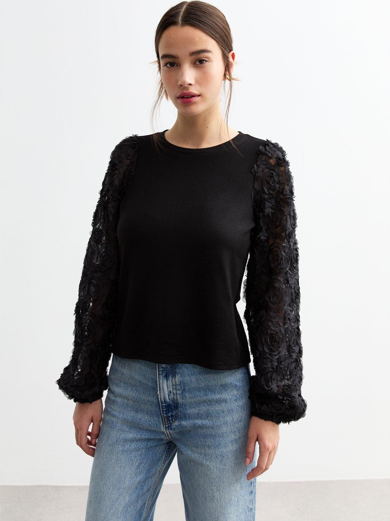 new-look-rose-sleeve-top-blackfront