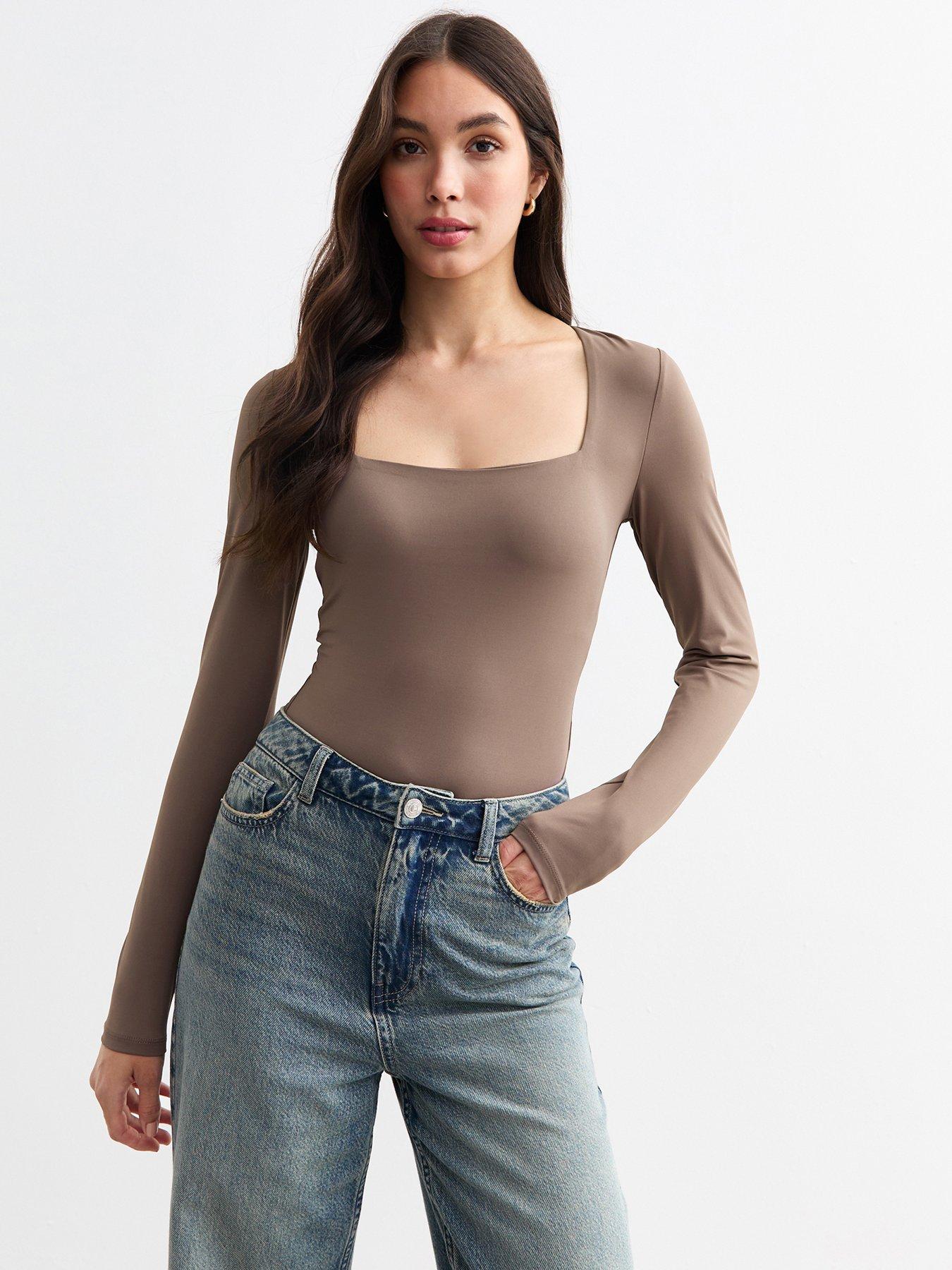 new-look-mink-square-neck-long-sleeve-bodysuit-brownfront