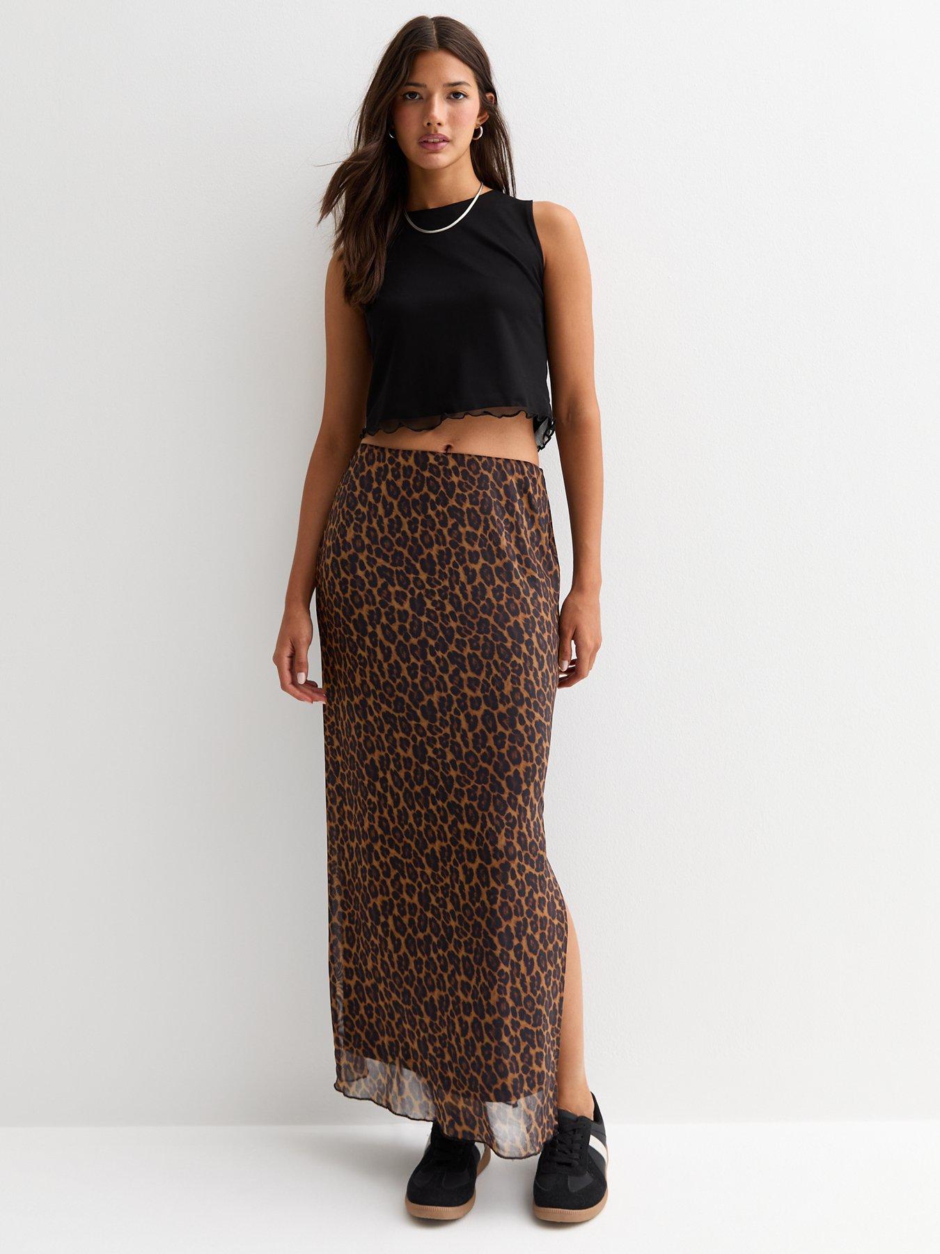 new-look-brown-mesh-animal-print-split-hem-maxi-skirt