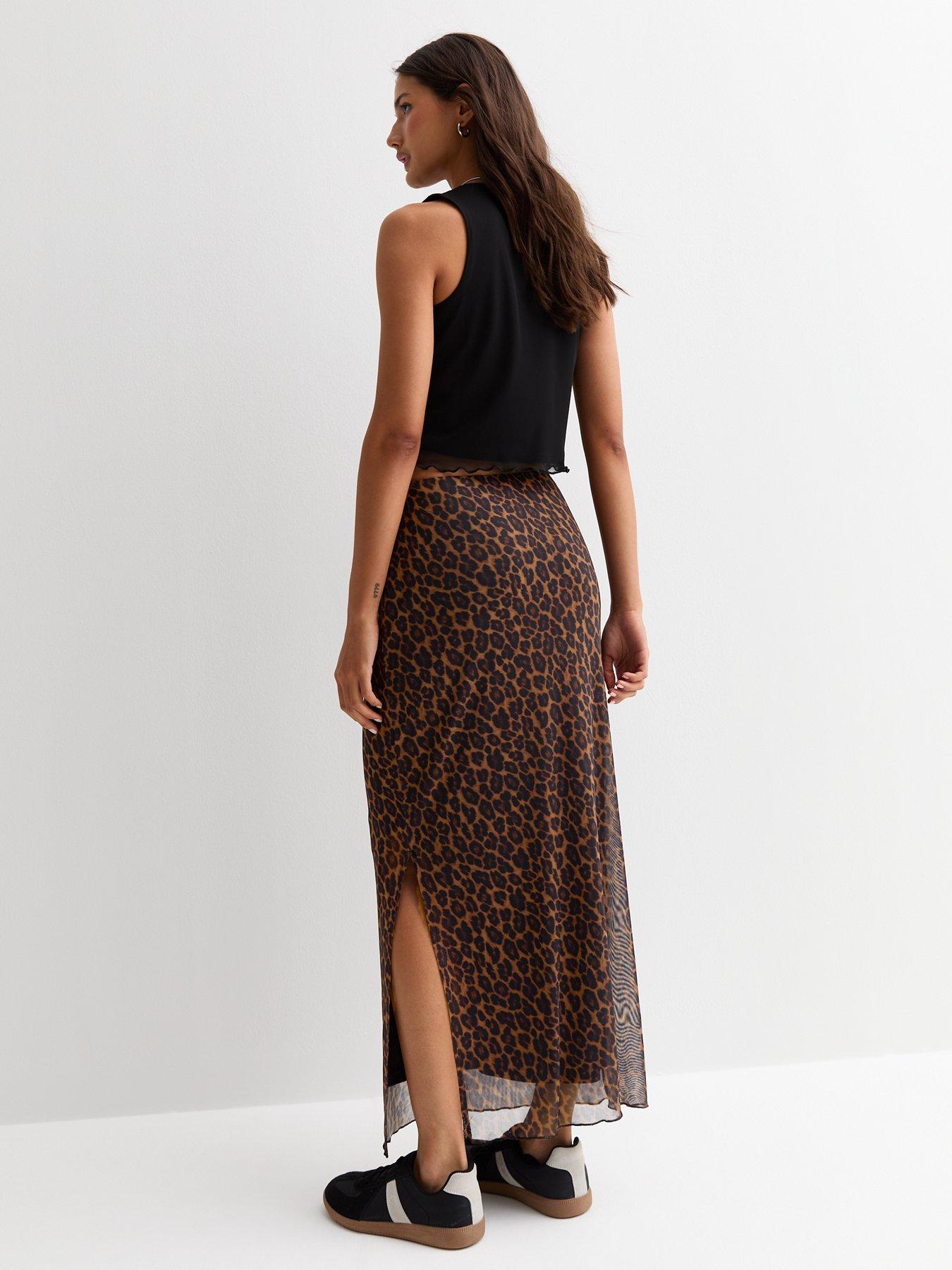 new-look-brown-mesh-animal-print-split-hem-maxi-skirtstillFront