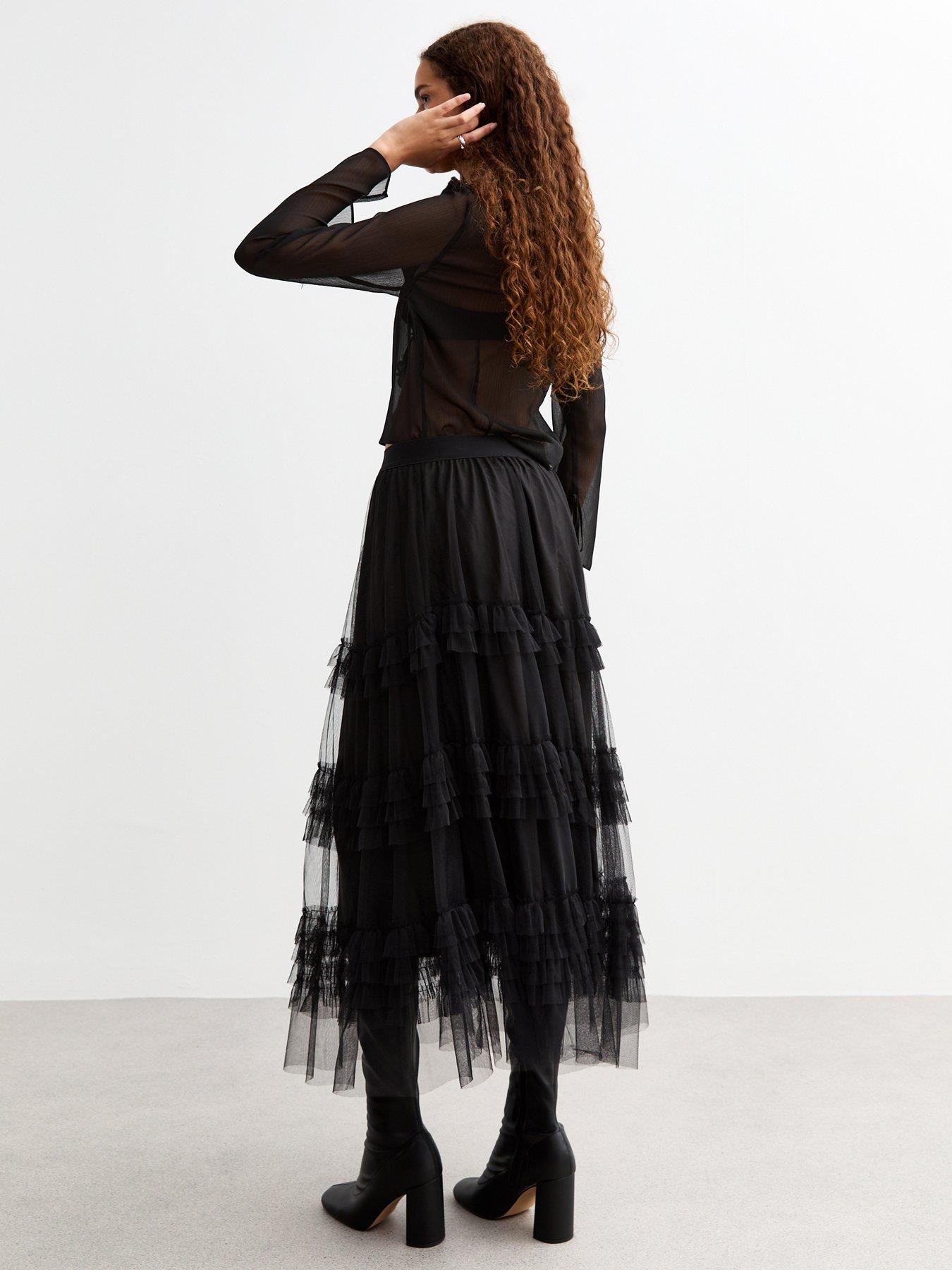 Image 2 of 5 of New Look Tulle Tiered Midi Skirt - Black