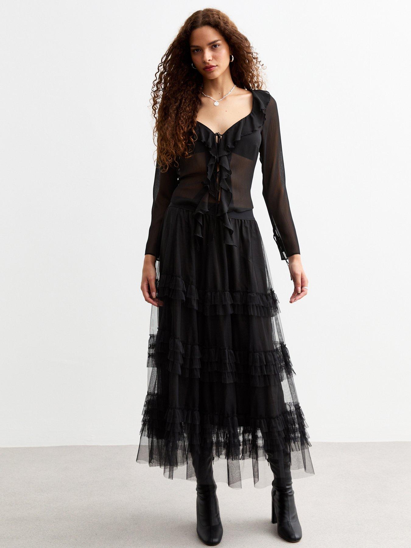 Image 3 of 5 of New Look Tulle Tiered Midi Skirt - Black