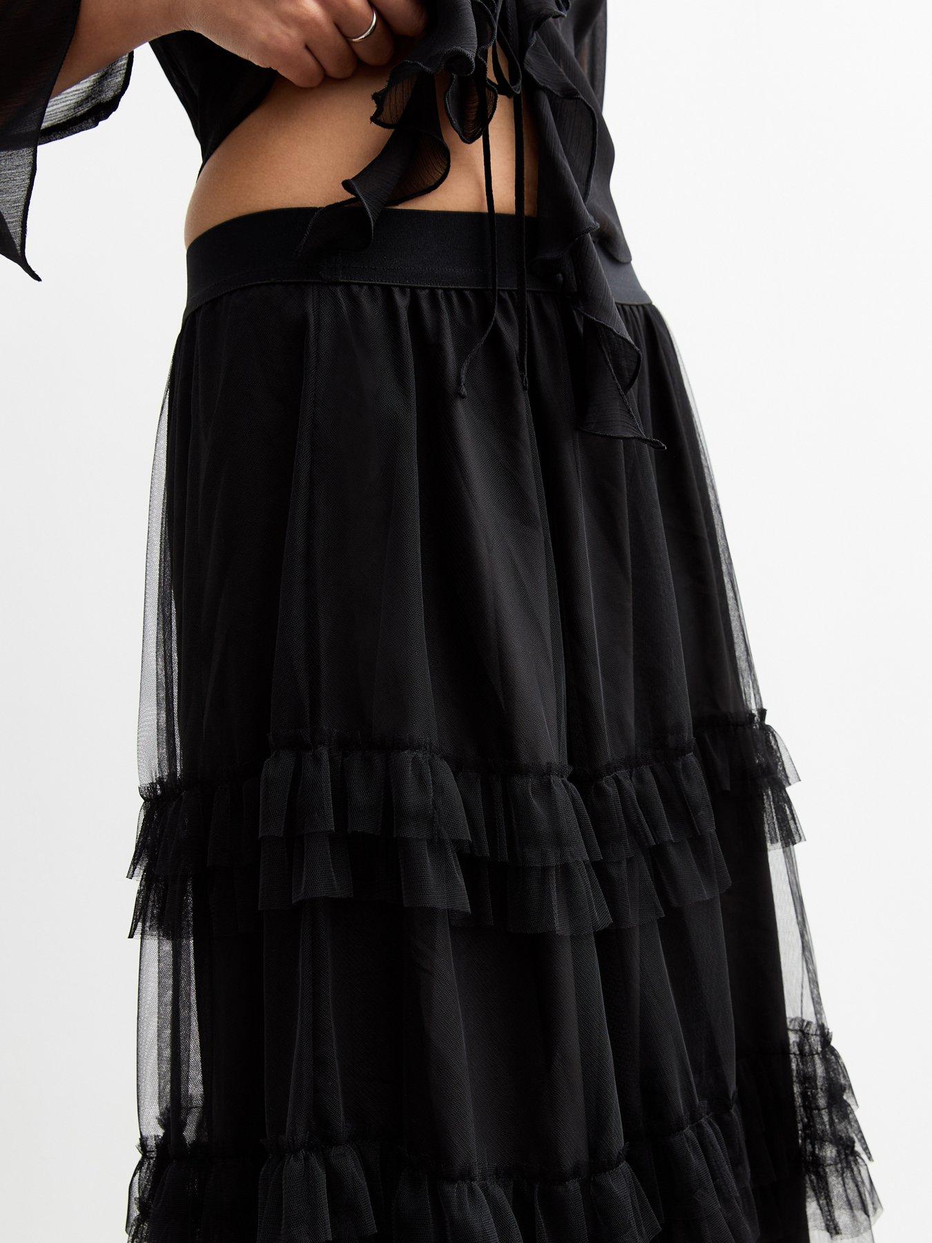 Image 4 of 5 of New Look Tulle Tiered Midi Skirt - Black