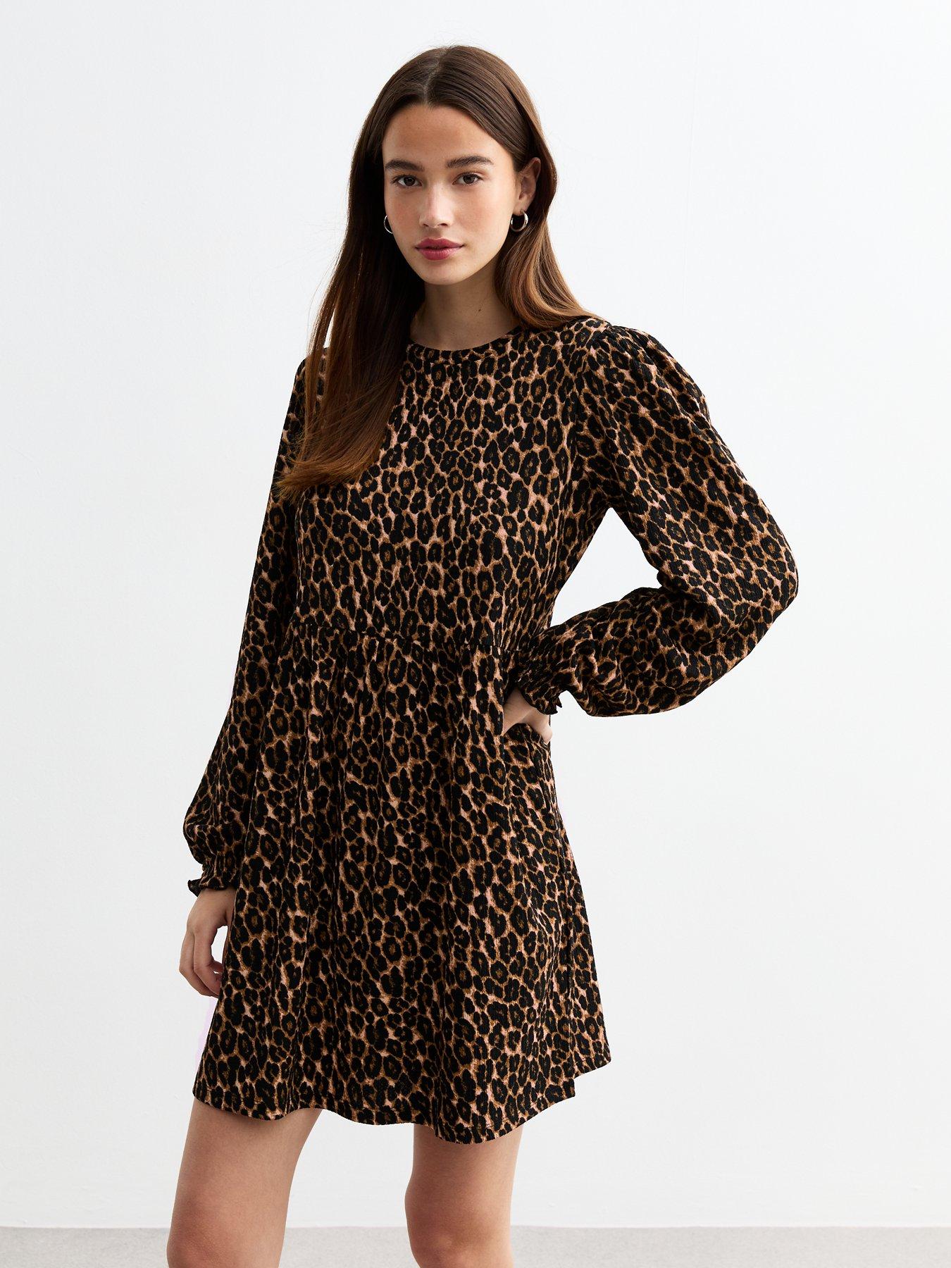 new-look-leopard-print-long-sleeve-smock-dress-brown