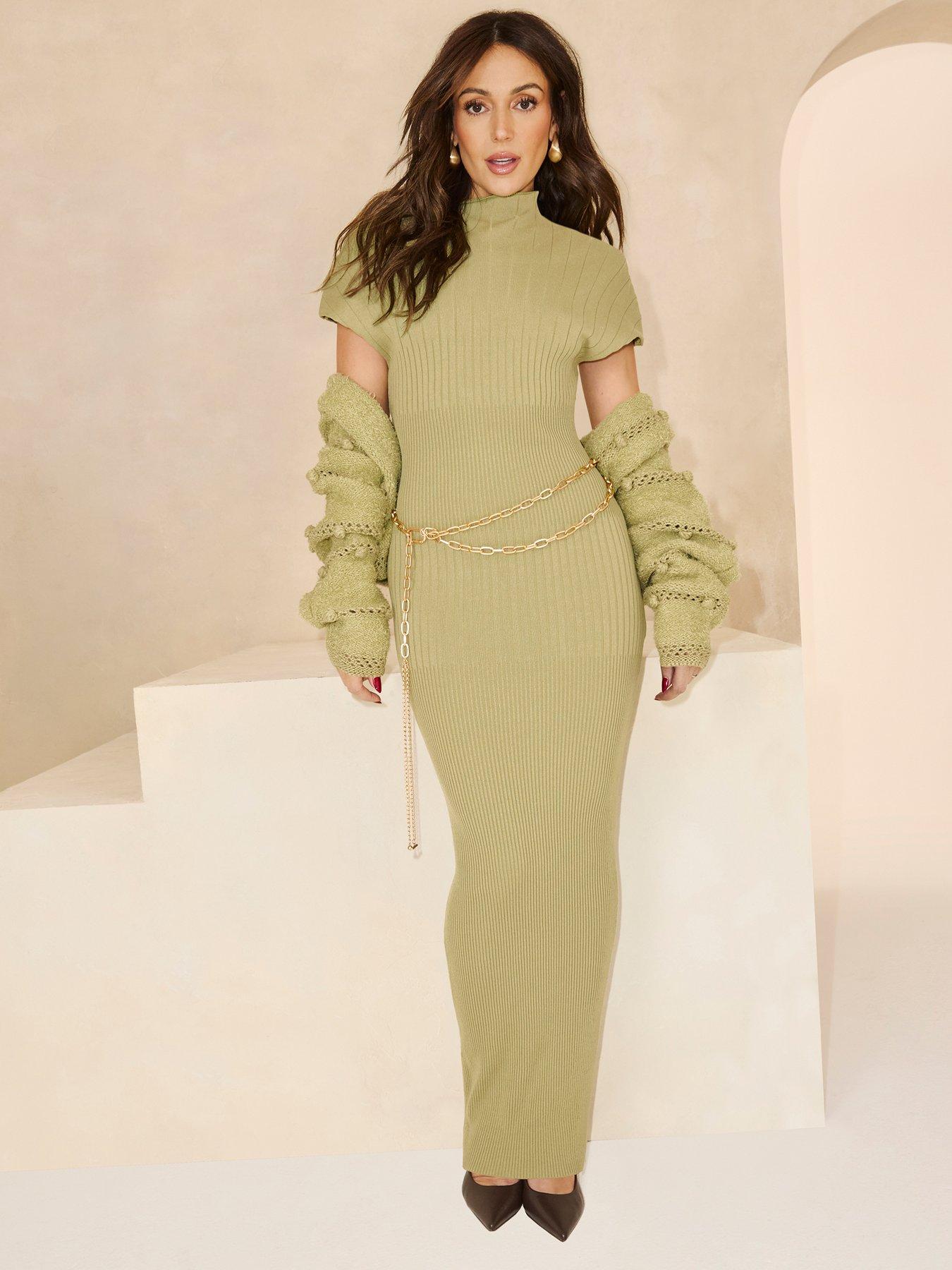 michelle-keegan-asymmetric-ribbed-beltednbspmidi-dress-green