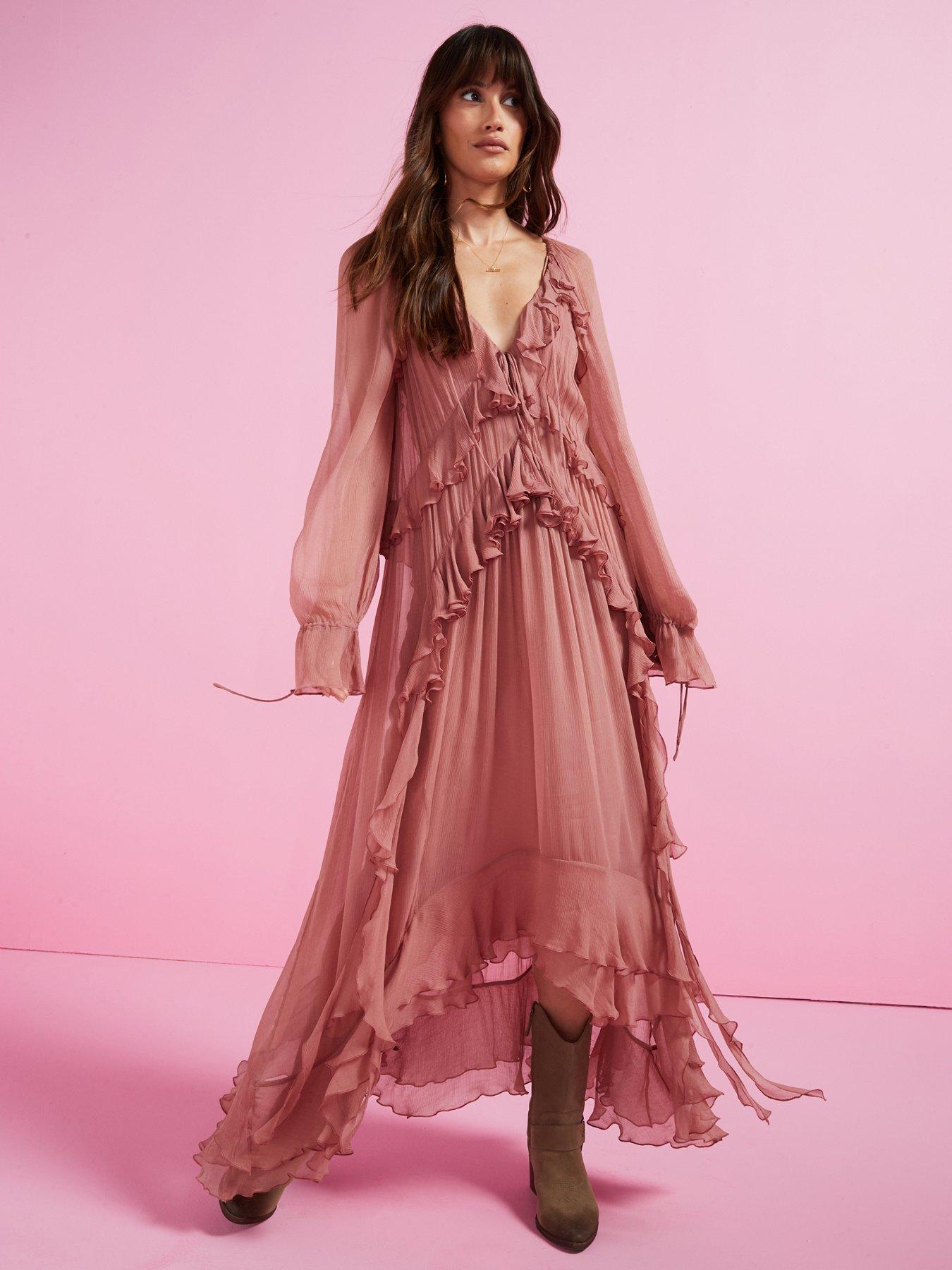 mango ruffle chiffon dress Mango Ruffled Flowy Chiffon Maxi Dress In Orange - 30% Off