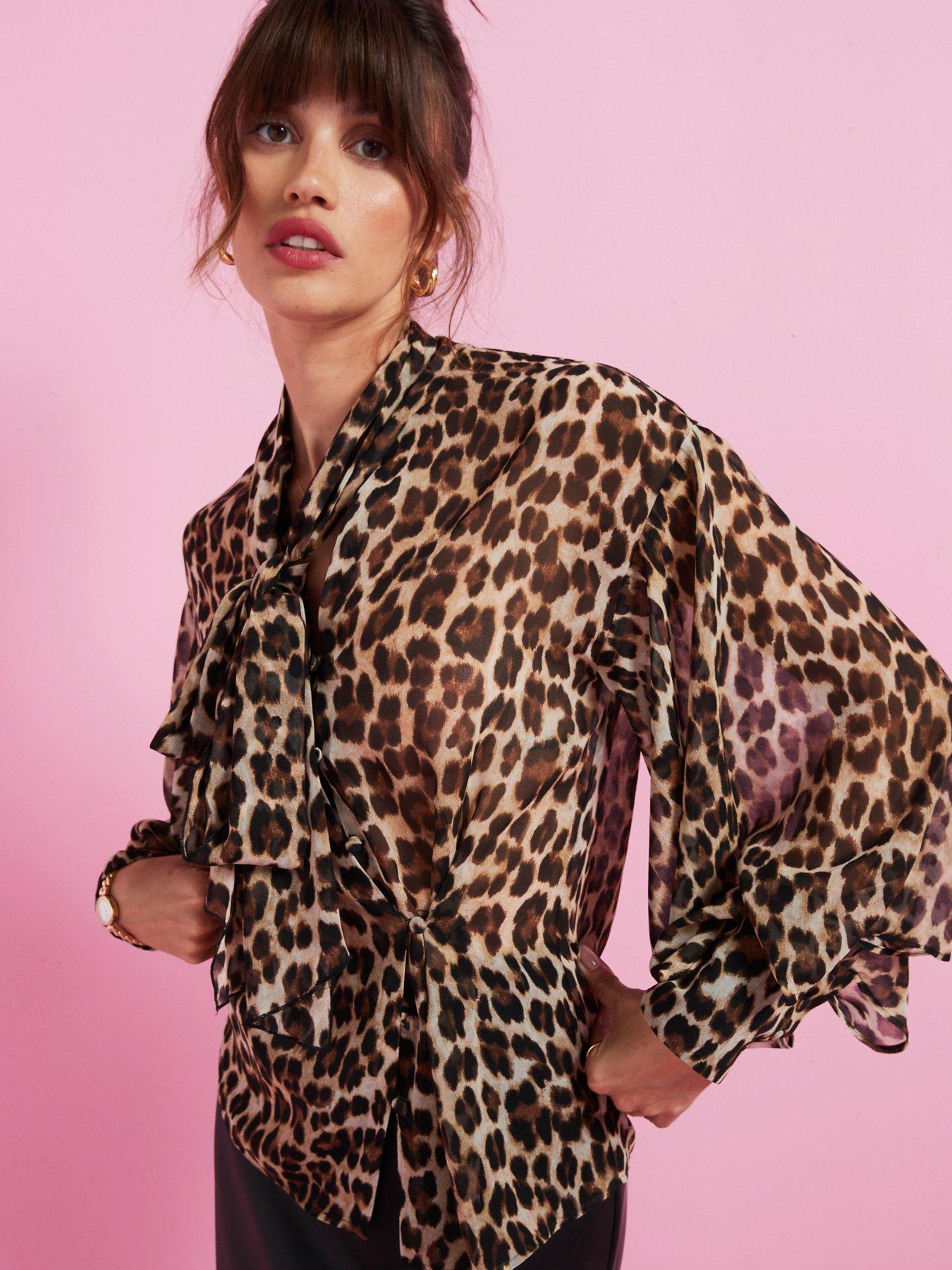 Image 1 of 6 of Mango Leopard Print Pussy Bow Blouse - Multi