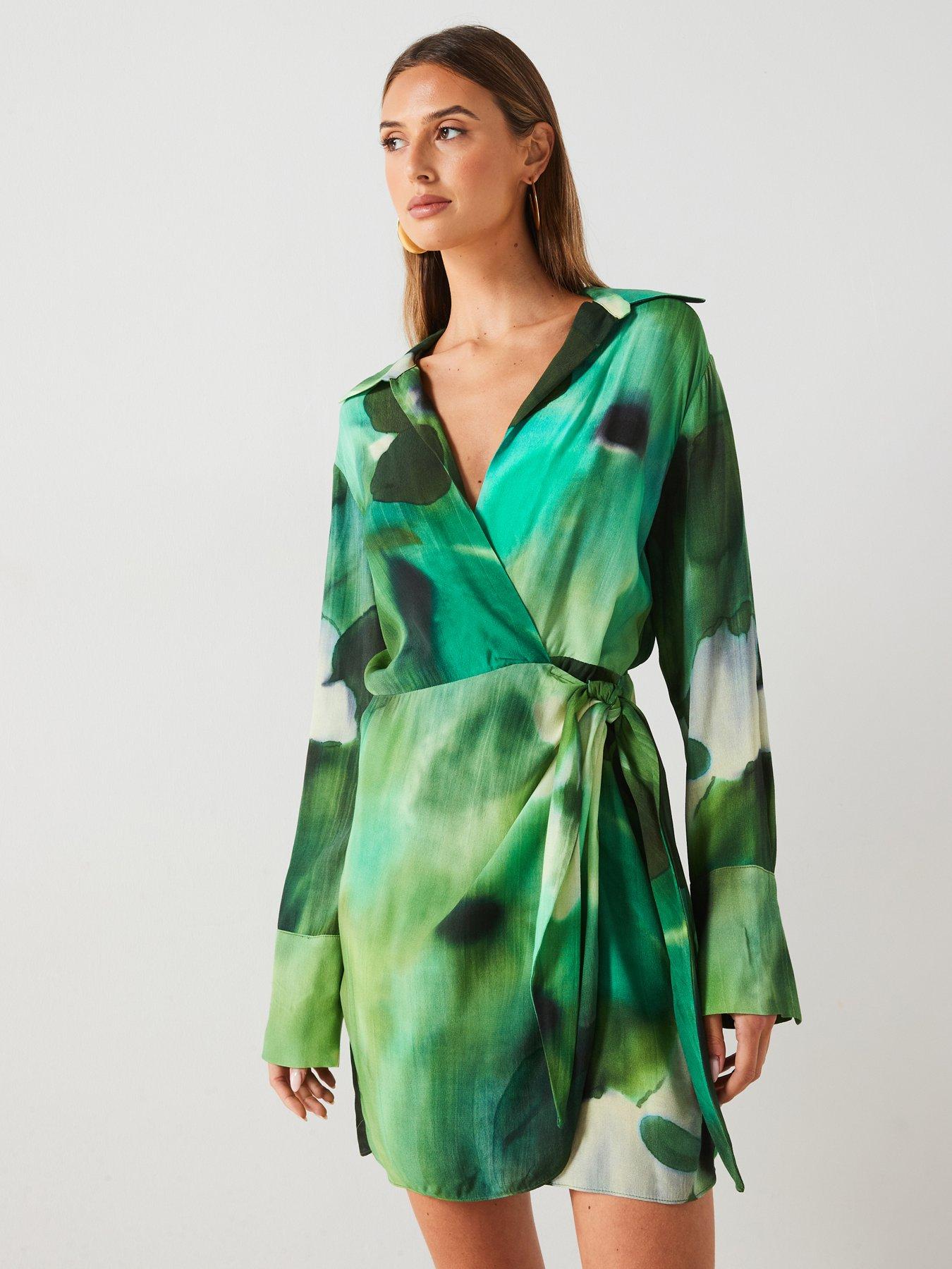 mango-printed-tie-waist-mini-dress-green