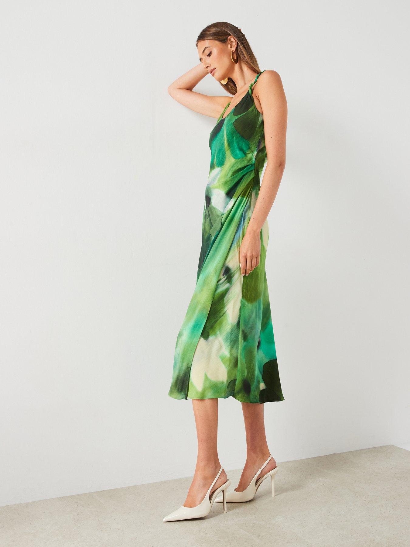 mango-printed-pleated-waist-midi-dress-green