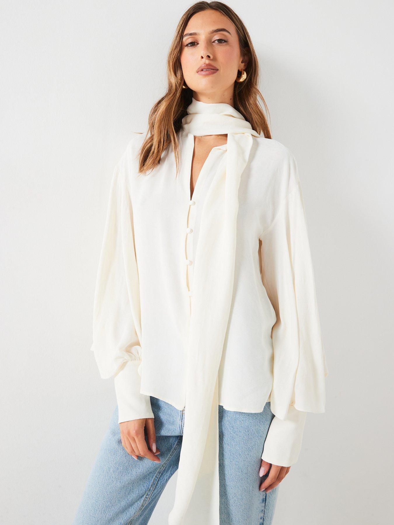 mango-tie-neck-blouse-creamfront