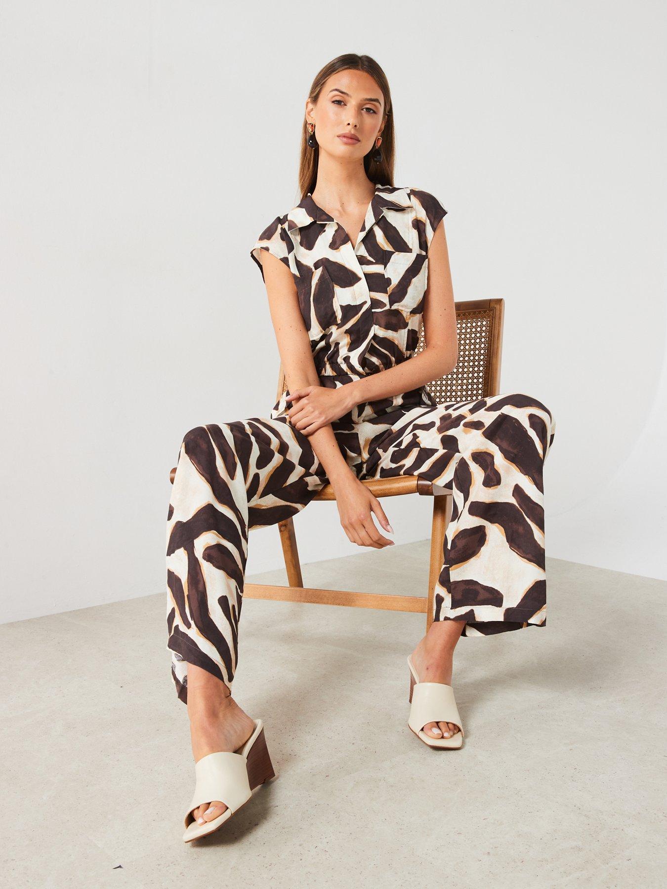 Image 4 of 6 of Mango Printed Short Sleeve Jumpsuit - Brown