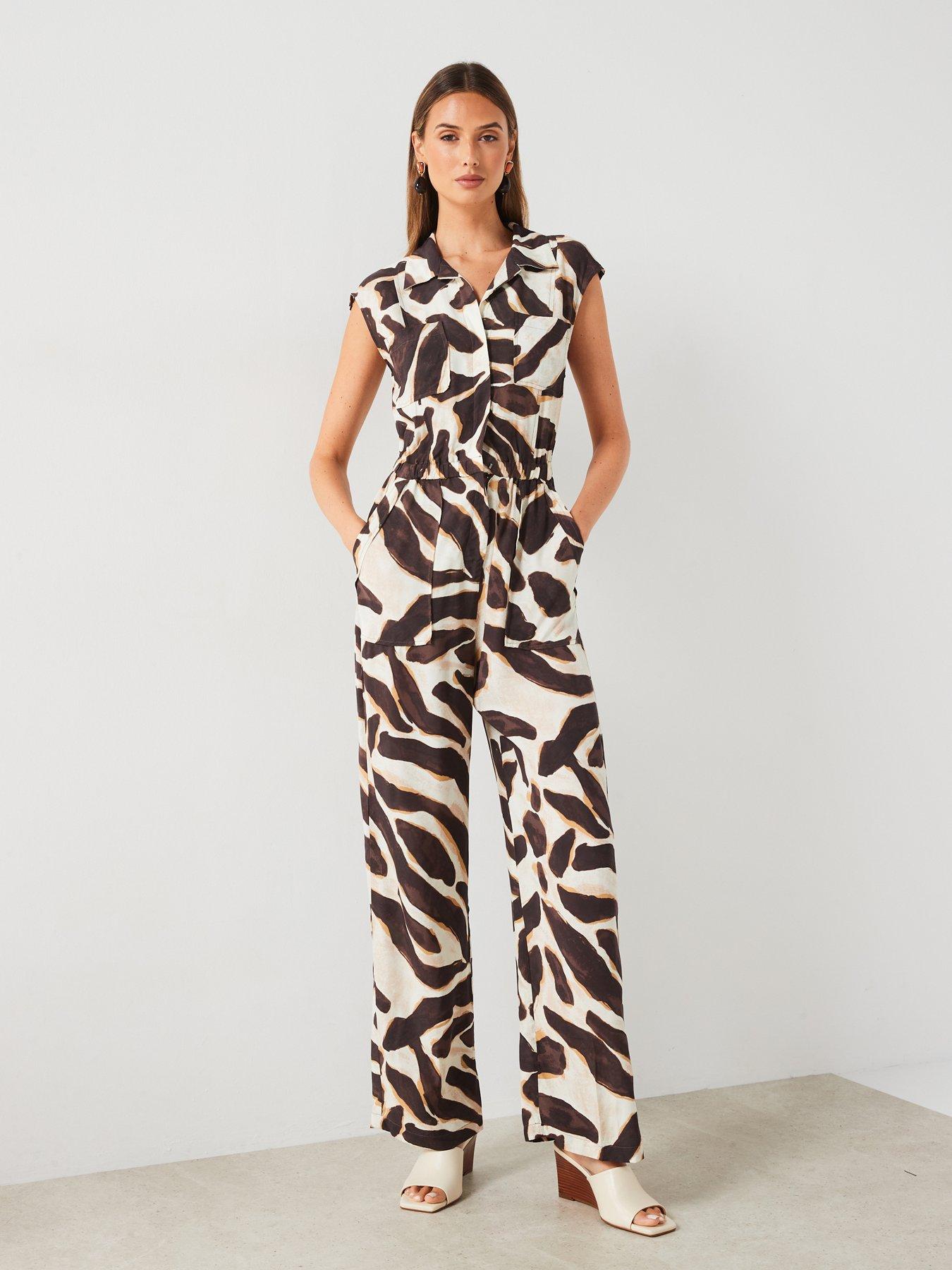 Image 5 of 6 of Mango Printed Short Sleeve Jumpsuit - Brown
