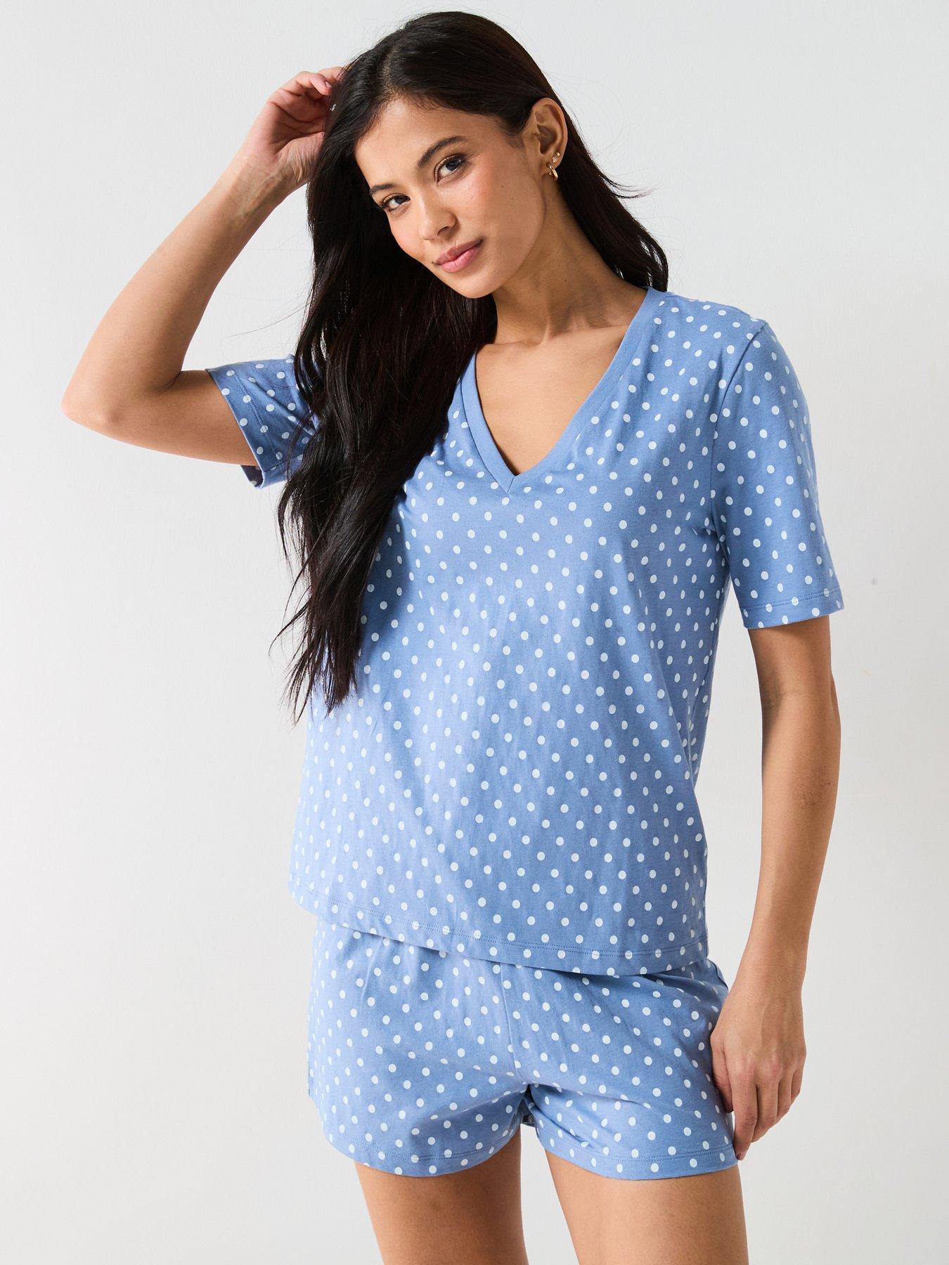 Image 1 of 6 of Everyday Printed Aop V Neck Short Sleeve Top And Short Pj Set - Blue