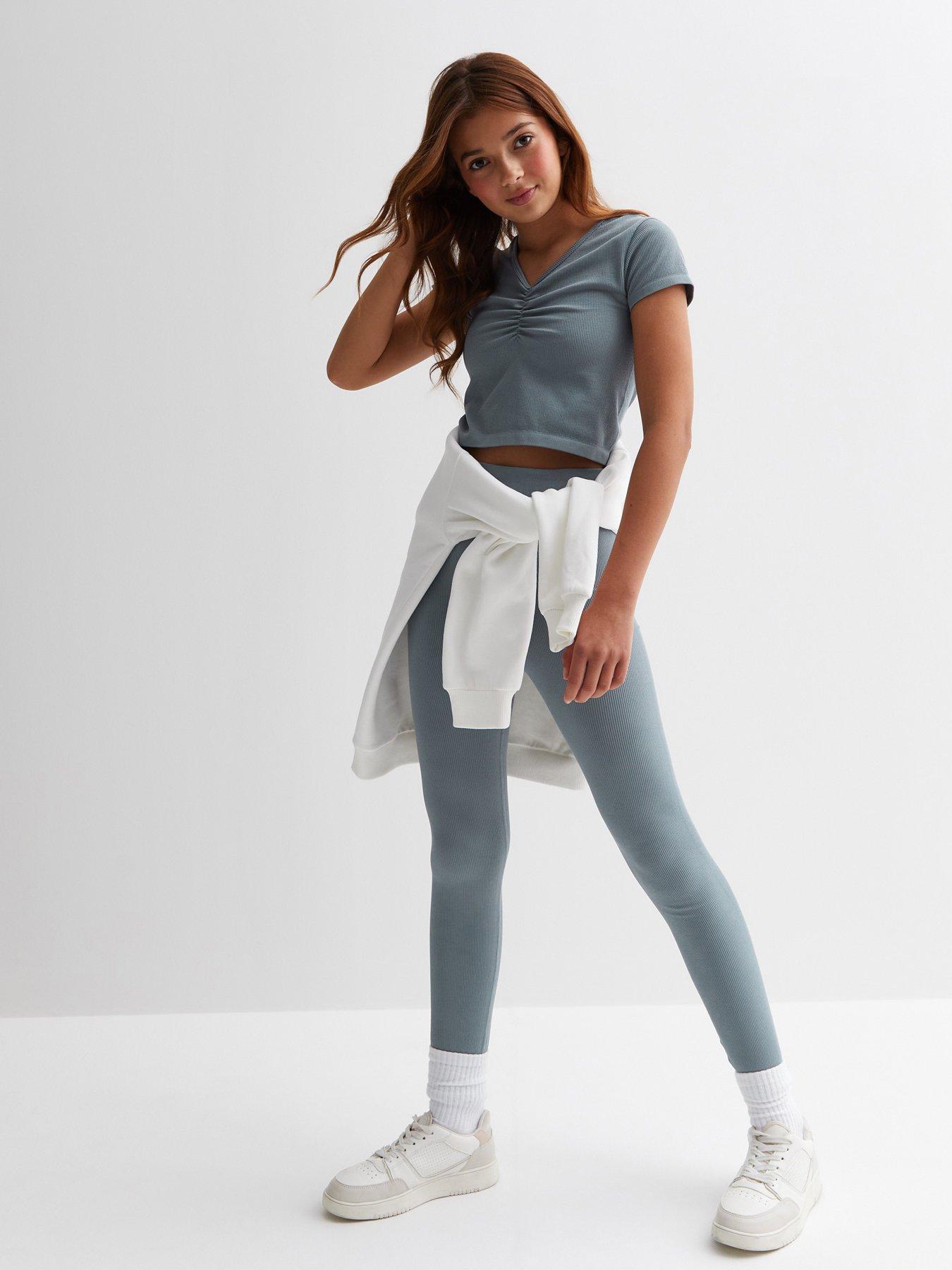 new-look-915-girls-blue-ribbed-v-neck-ruched-sports-topstillFront