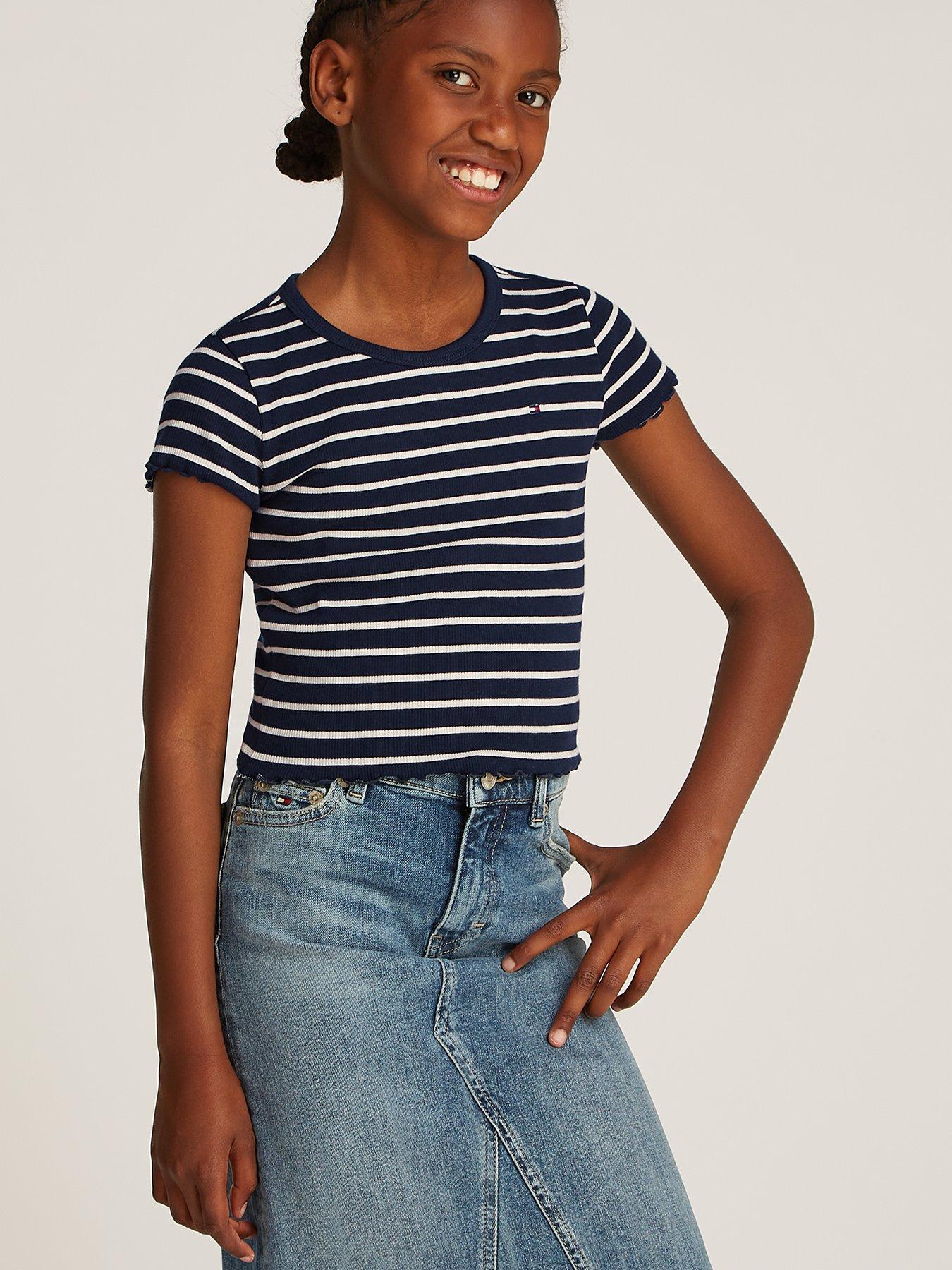Image of Tommy Hilfiger Girls Rib Knit Stripe Short Sleeve Top - Navy