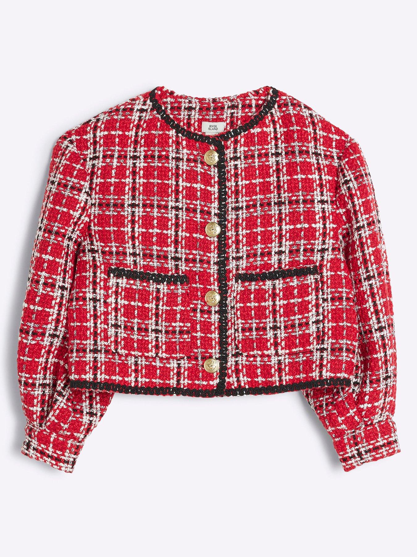 Image 1 of 4 of River Island Older Girl Boucle Christmas Check Jacket - Red
