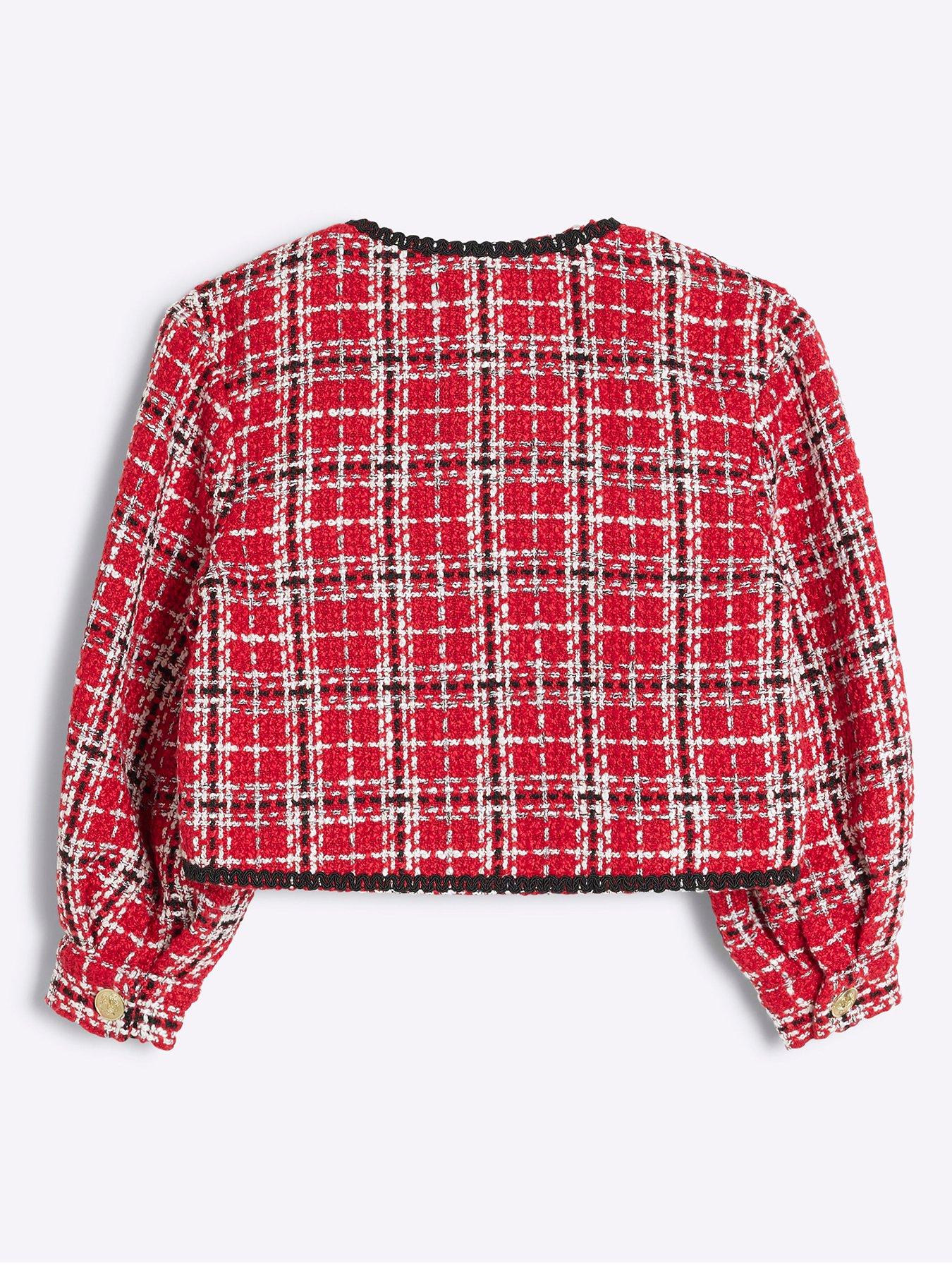 Image 2 of 4 of River Island Older Girl Boucle Christmas Check Jacket - Red
