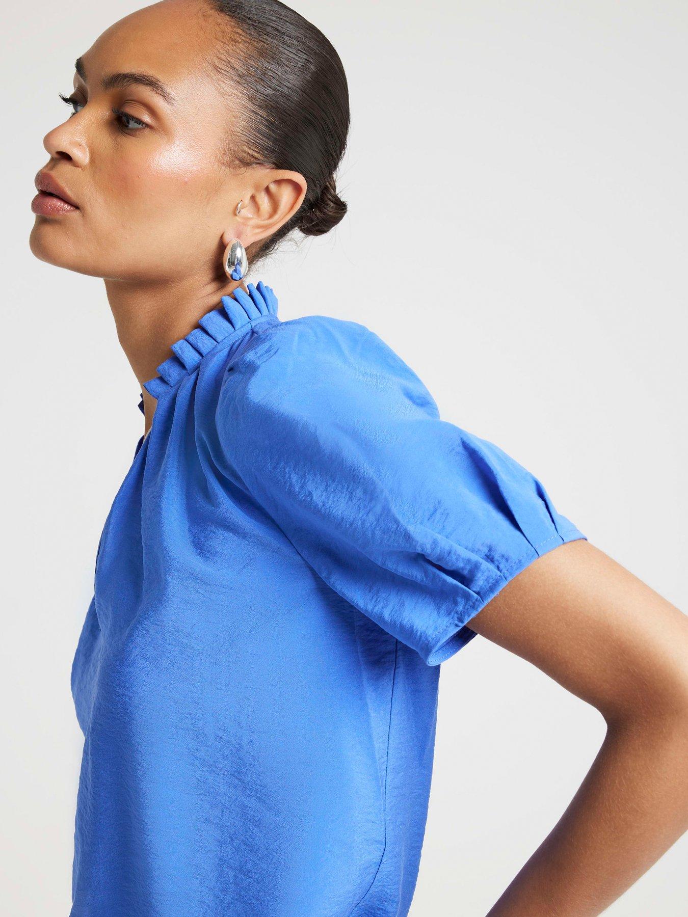 river-island-frilly-neck-blouse-bright-blueoutfit