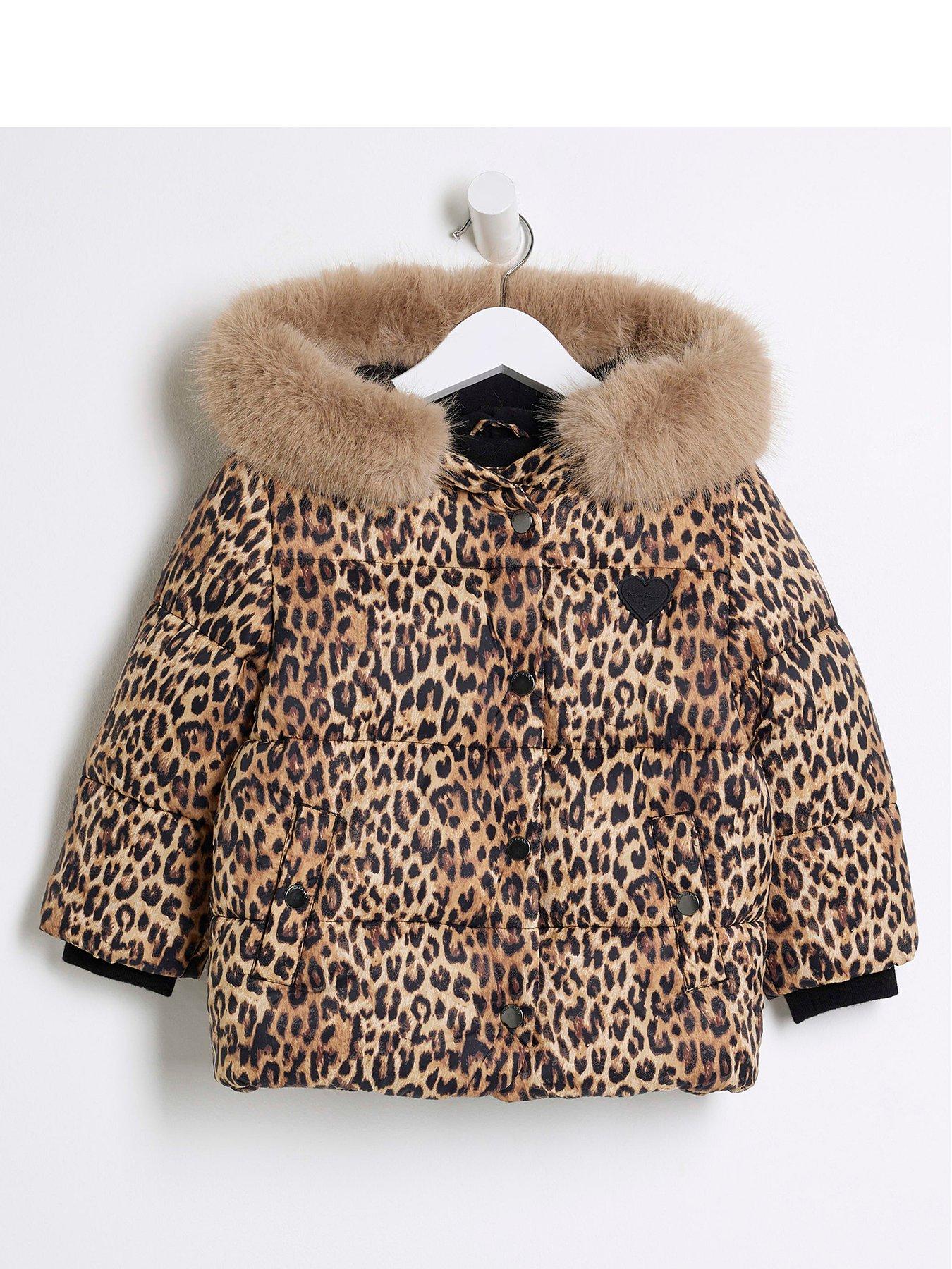 Image 1 of 4 of River Island Mini Mini Leopard Print Padded Coat - Brown